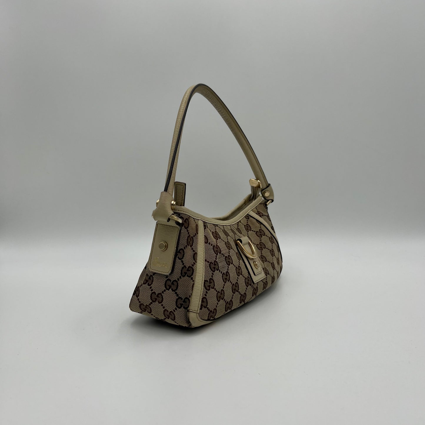 Gucci Beige Monogram Canvas and White Leather Abbey D-Ring Pochette