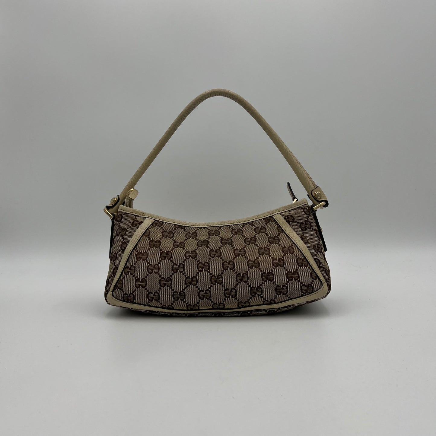 Gucci Beige Monogram Canvas and White Leather Abbey D-Ring Pochette