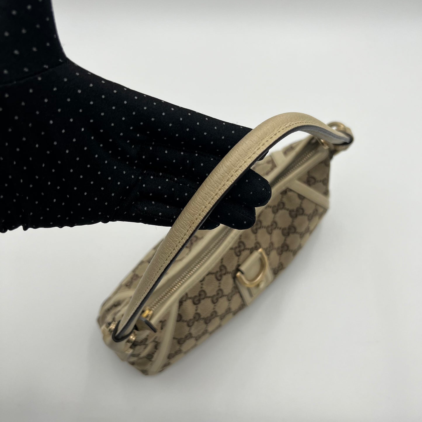Gucci Beige Monogram Canvas and White Leather Abbey D-Ring Pochette