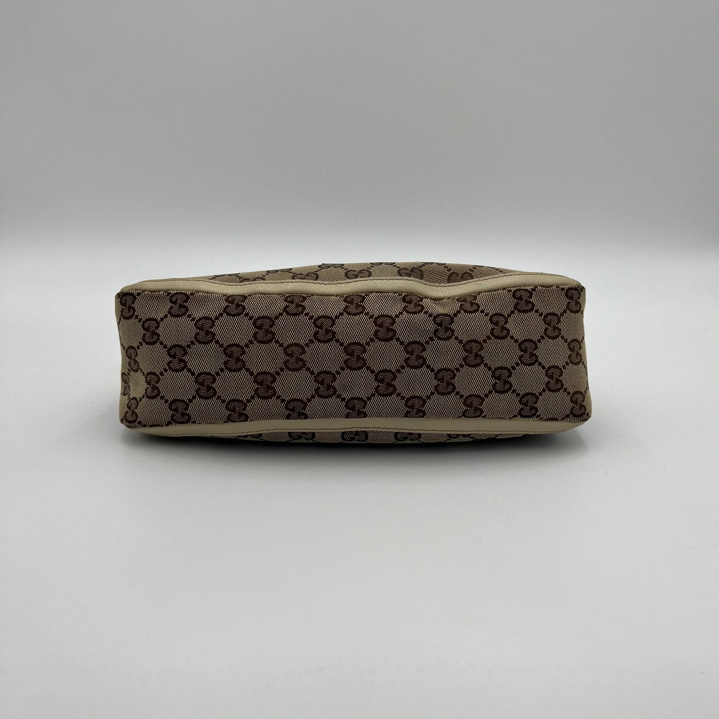 Gucci Beige Monogram Canvas and White Leather Abbey D-Ring Pochette