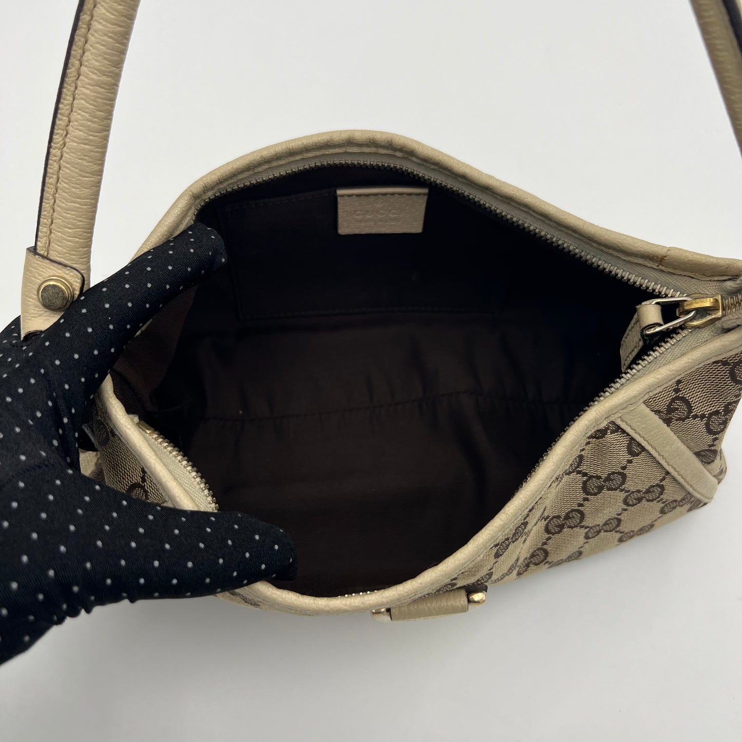 Gucci Beige Monogram Canvas and White Leather Abbey D-Ring Pochette