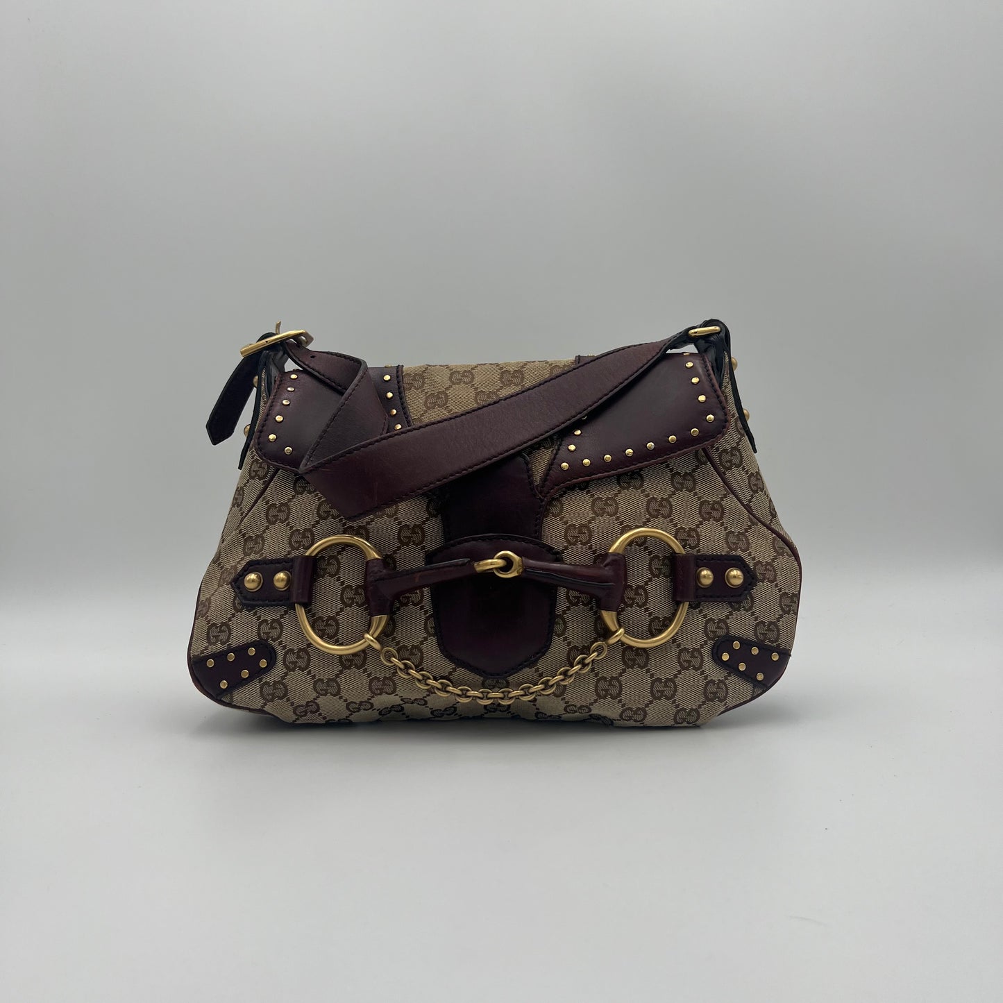 Gucci Tom Ford Monogram Canvas Studded Burgundy Leather Horsebit Chain Shoulder Bag