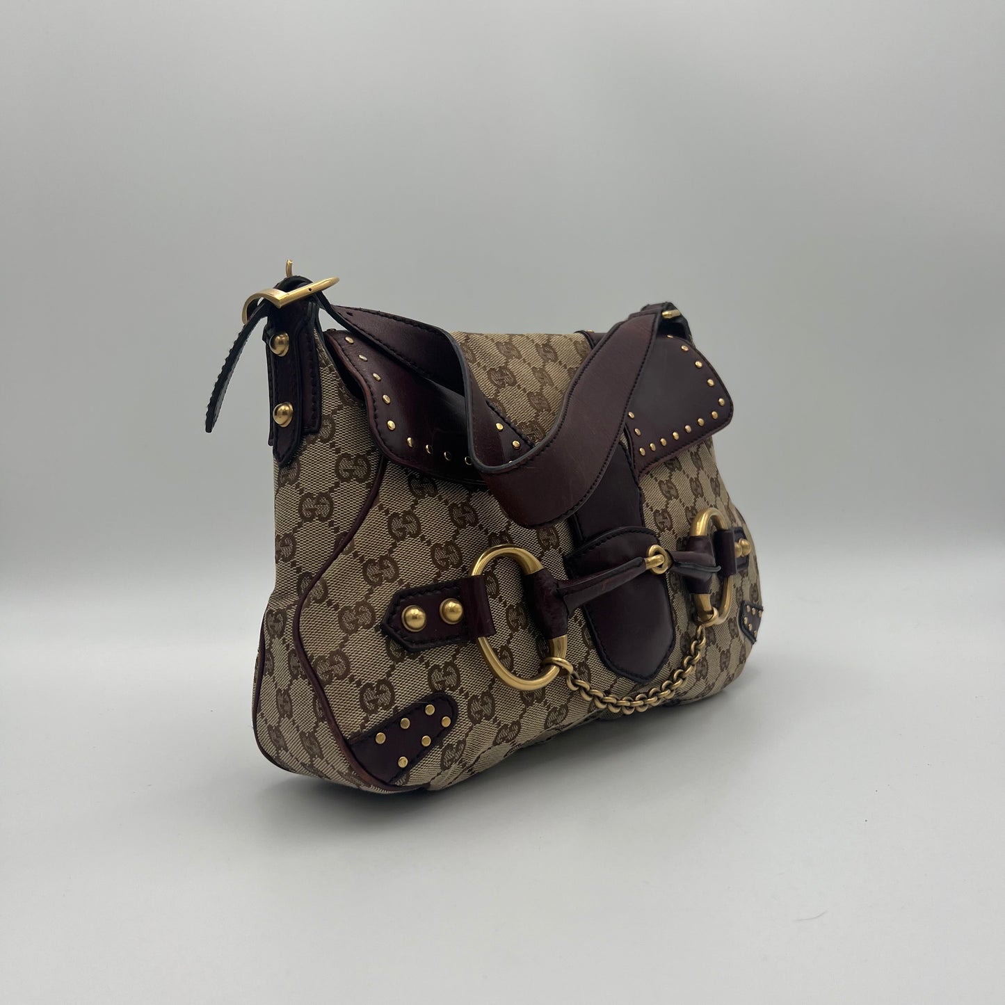 Gucci Tom Ford Monogram Canvas Studded Burgundy Leather Horsebit Chain Shoulder Bag