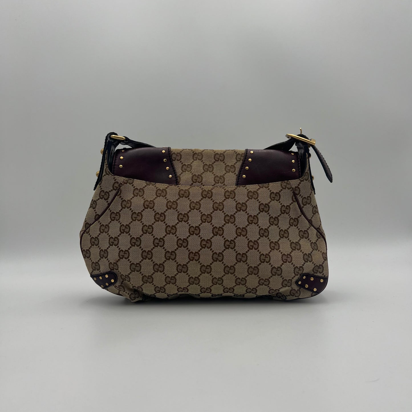 Gucci Tom Ford Monogram Canvas Studded Burgundy Leather Horsebit Chain Shoulder Bag