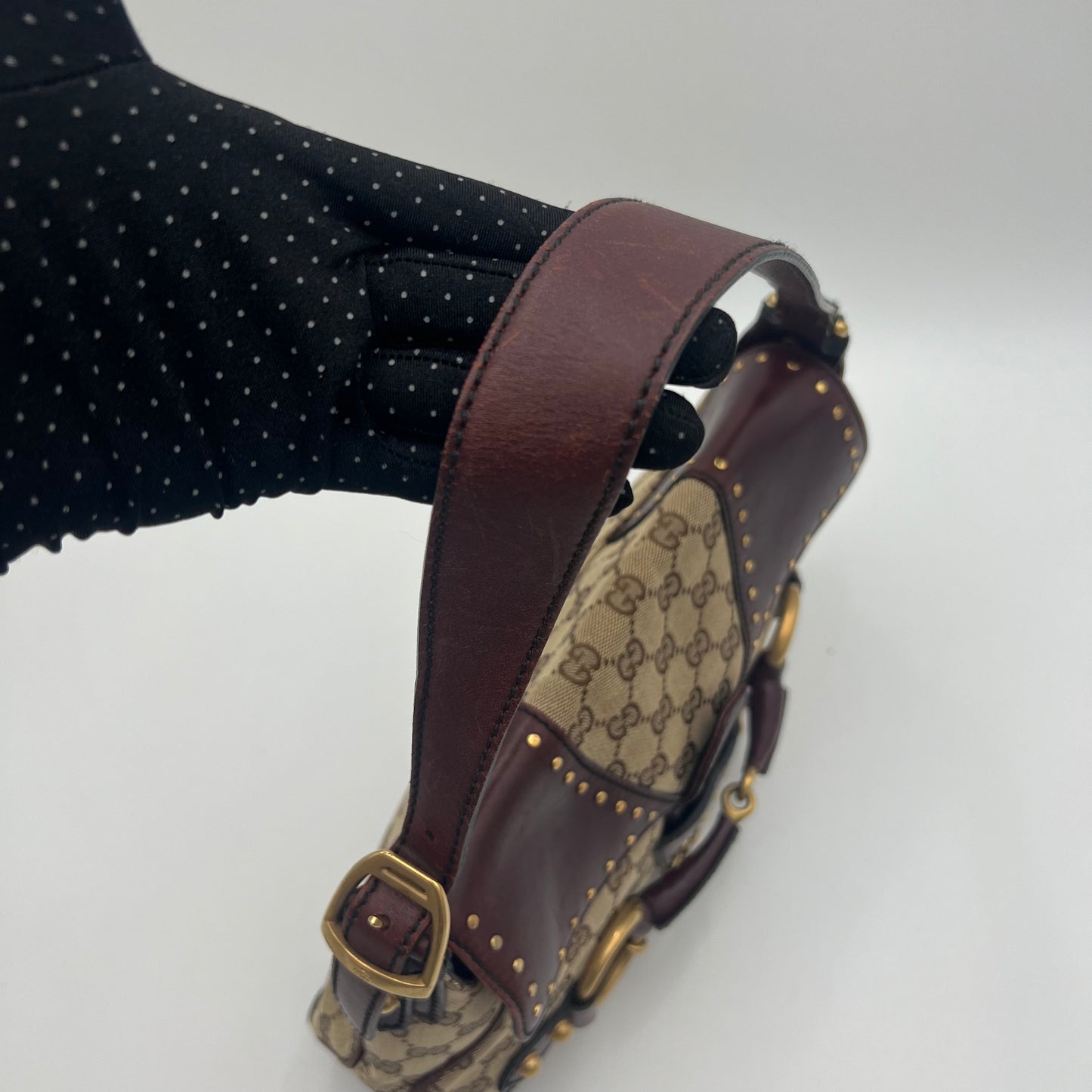 Gucci Tom Ford Monogram Canvas Studded Burgundy Leather Horsebit Chain Shoulder Bag