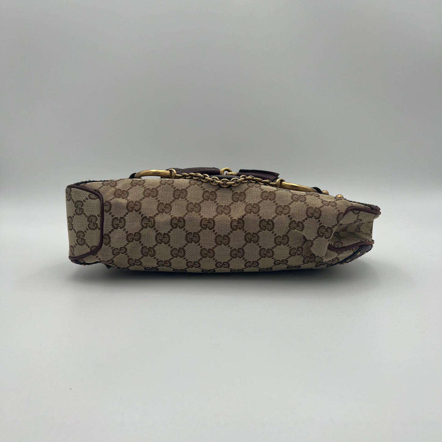 Gucci Tom Ford Monogram Canvas Studded Burgundy Leather Horsebit Chain Shoulder Bag
