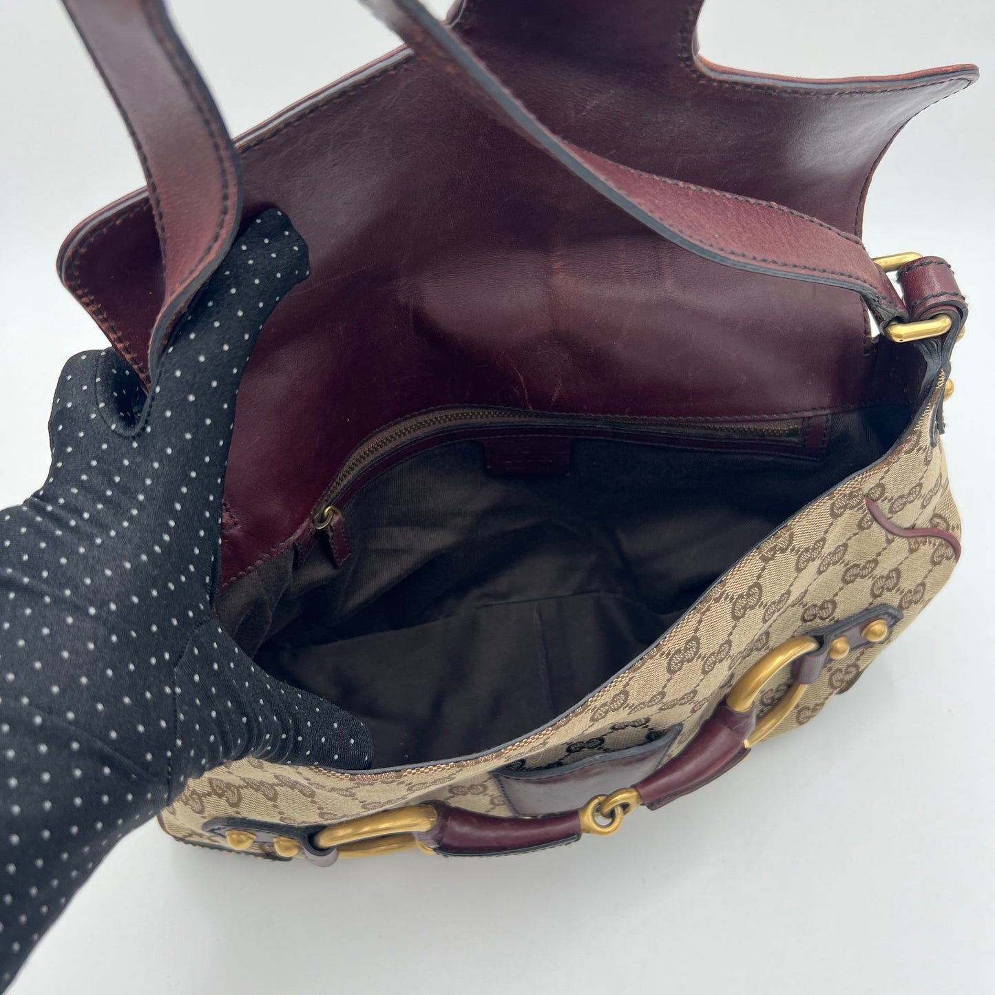 Gucci Tom Ford Monogram Canvas Studded Burgundy Leather Horsebit Chain Shoulder Bag