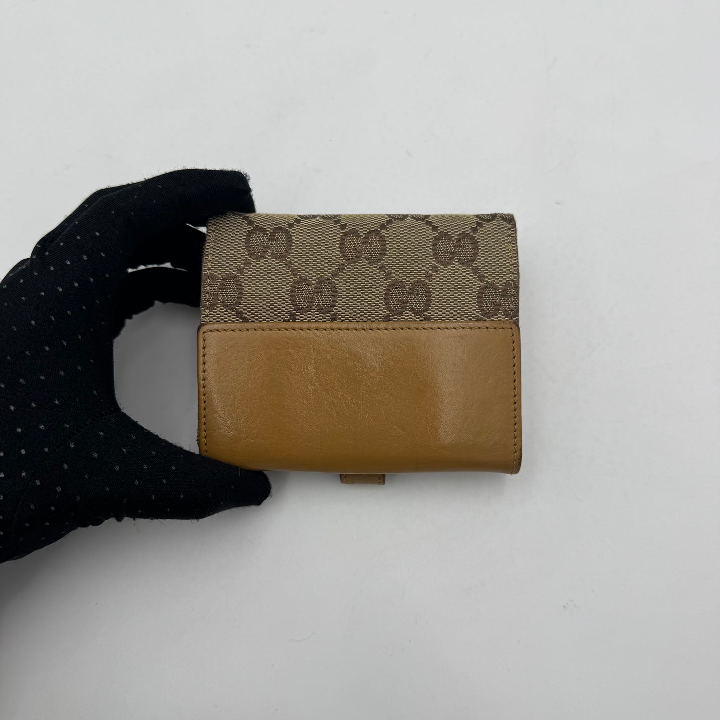 Gucci Monogram Canvas Tan Leather Horsebit Jackie Bifold Short Wallet