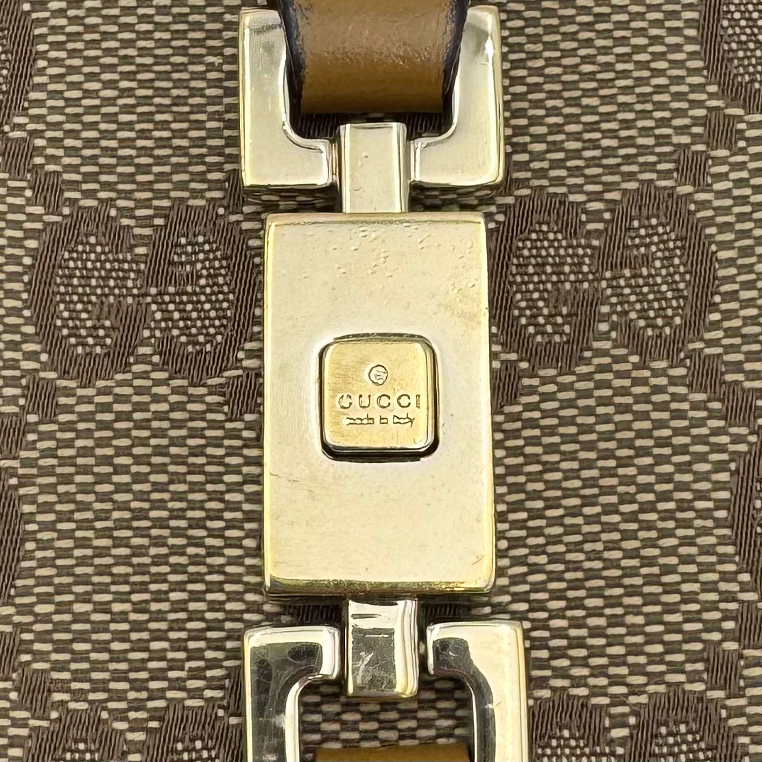 Gucci Monogram Canvas Tan Leather Horsebit Jackie Bifold Short Wallet