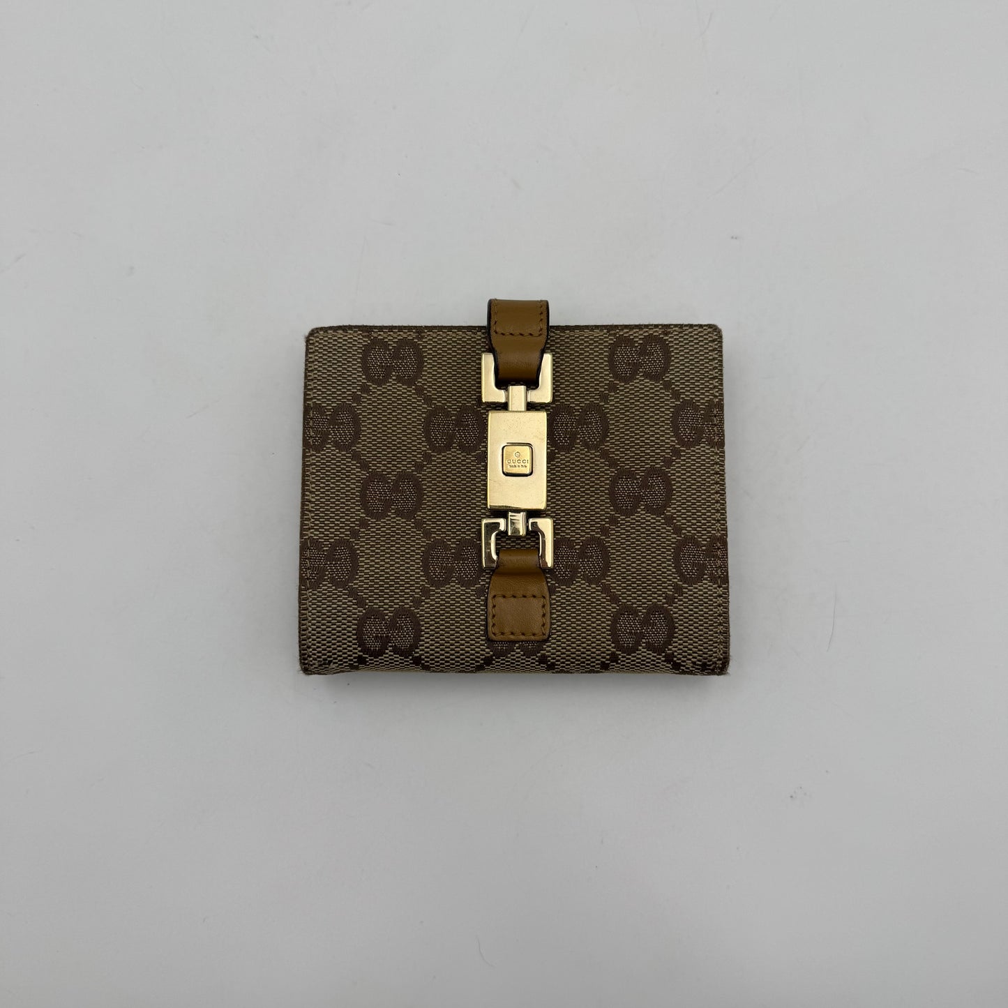 Gucci Monogram Canvas Tan Leather Horsebit Jackie Bifold Short Wallet