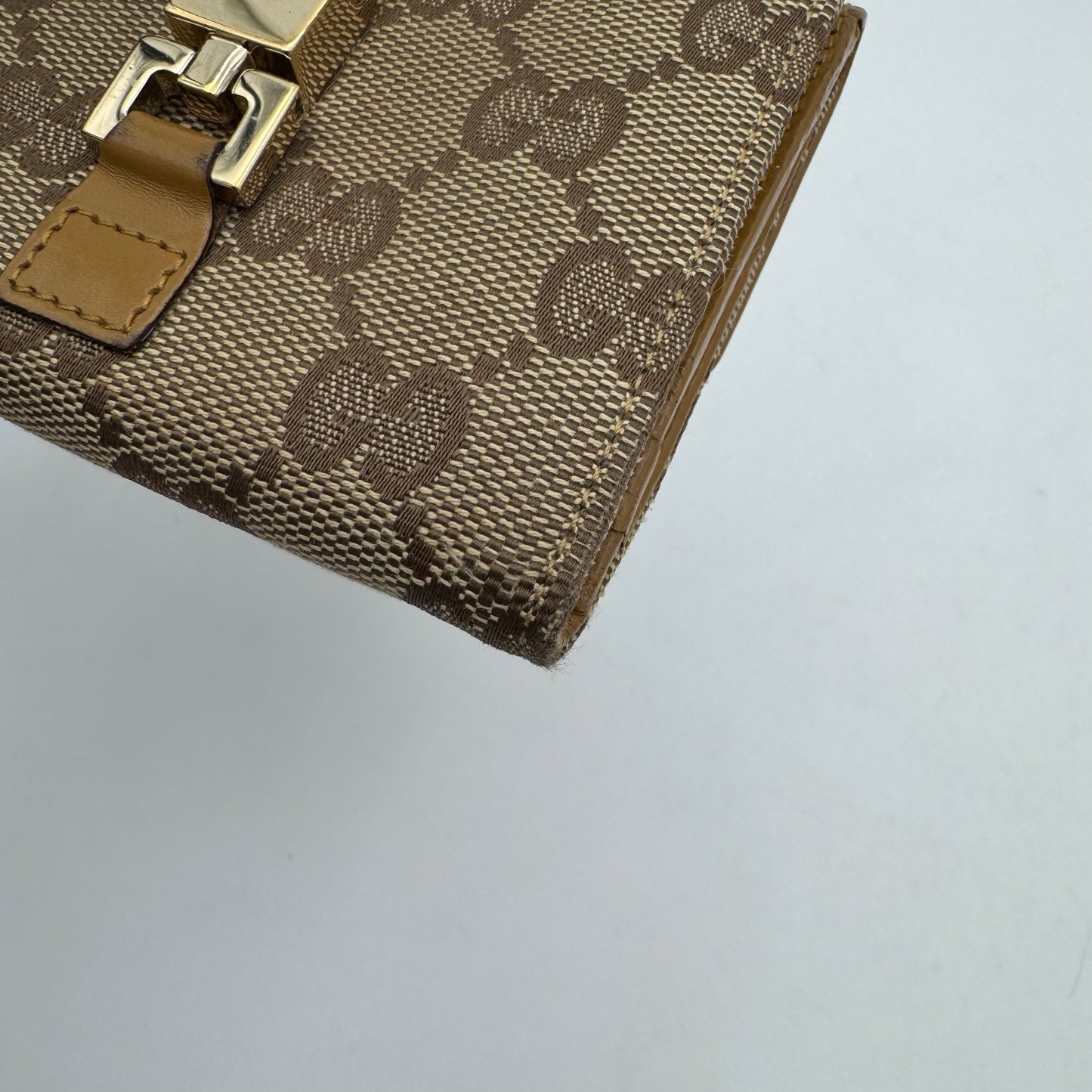 Gucci Monogram Canvas Tan Leather Horsebit Jackie Bifold Short Wallet