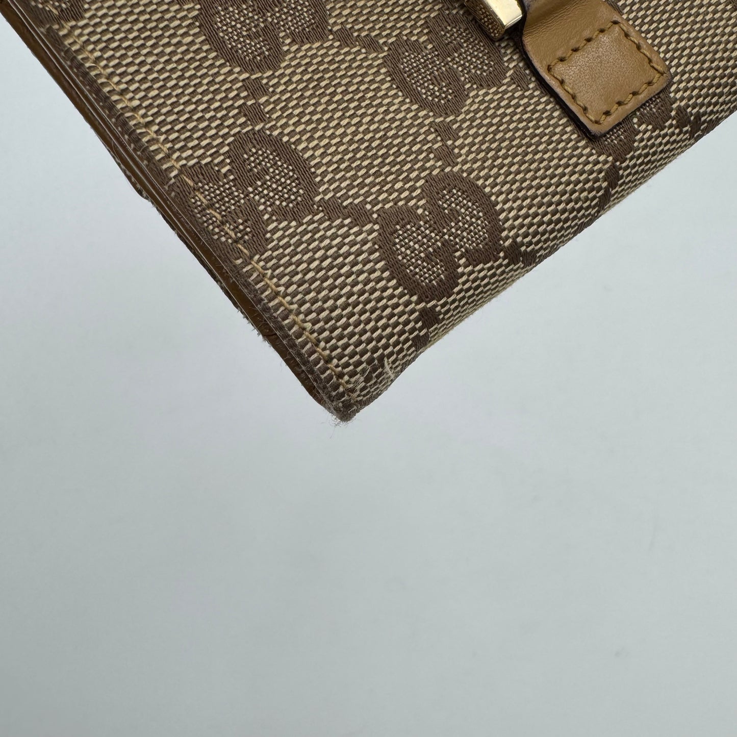 Gucci Monogram Canvas Tan Leather Horsebit Jackie Bifold Short Wallet