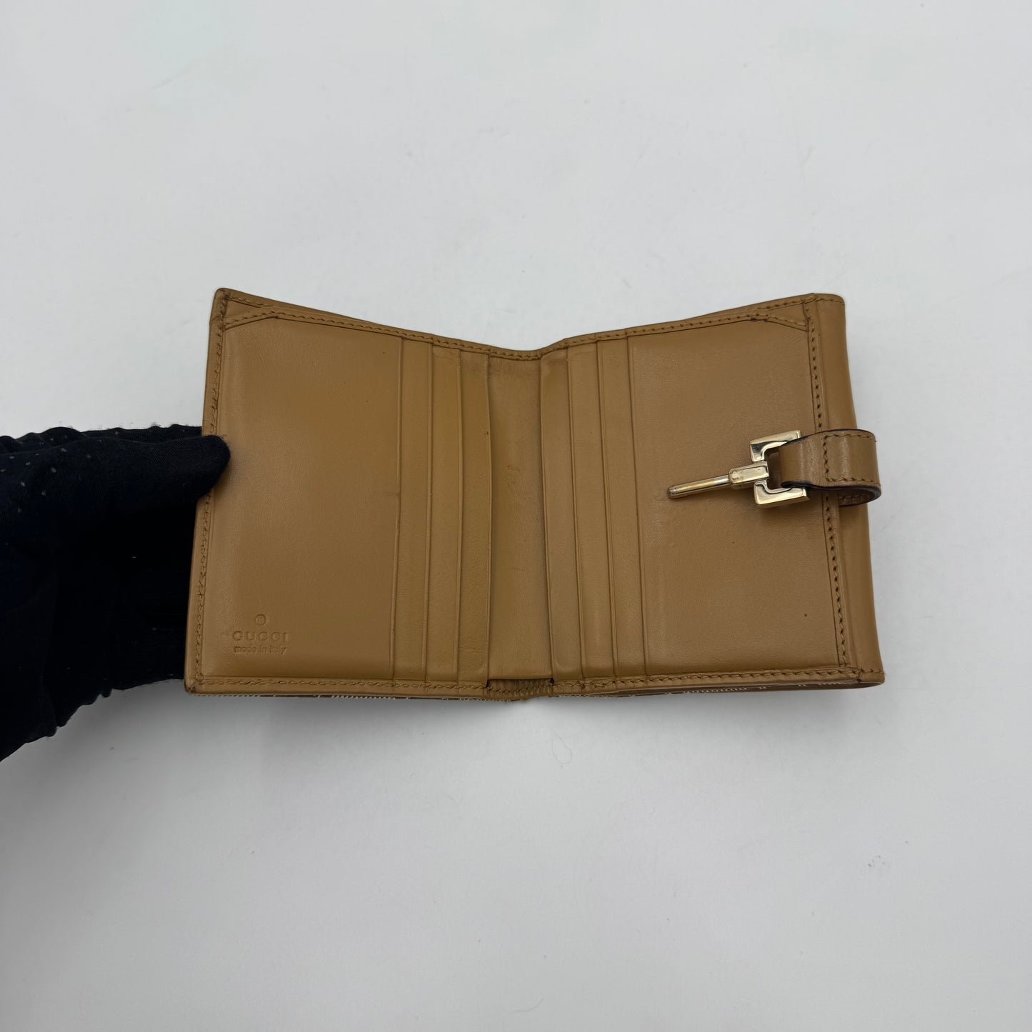 Gucci Monogram Canvas Tan Leather Horsebit Jackie Bifold Short Wallet