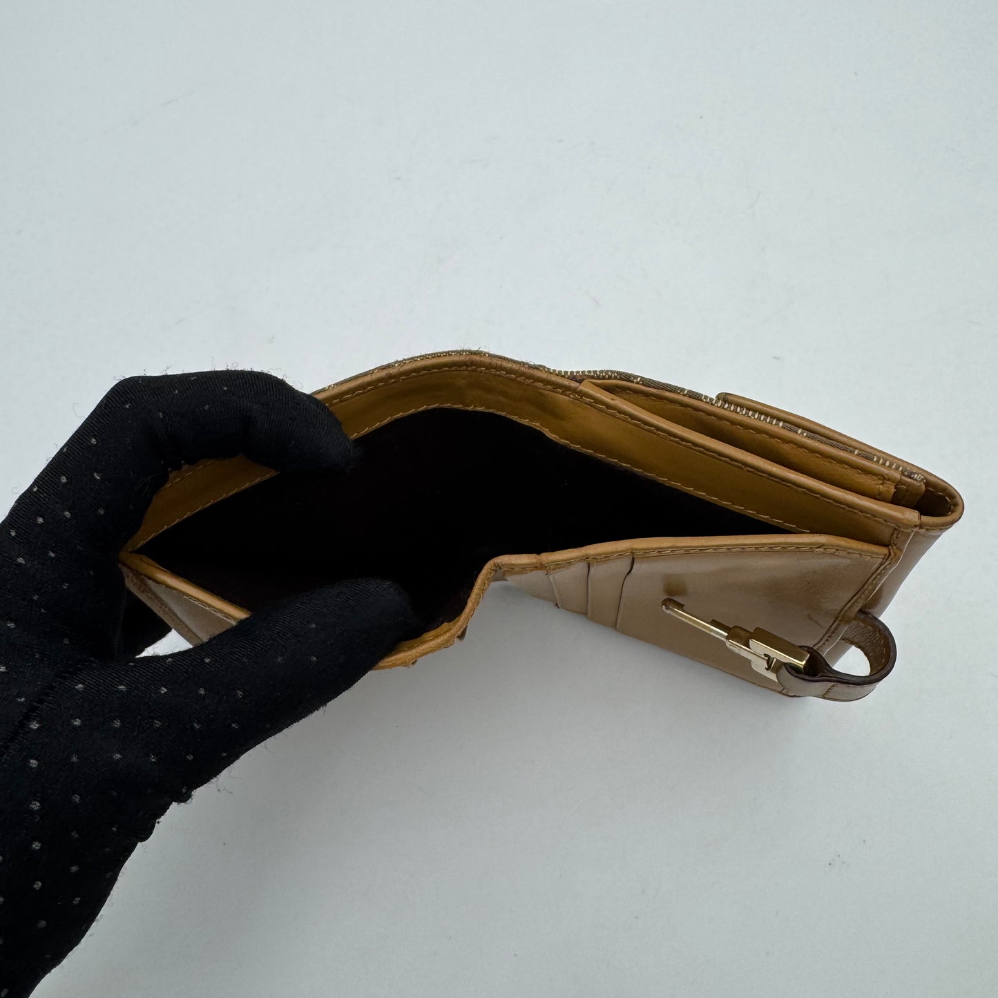Gucci Monogram Canvas Tan Leather Horsebit Jackie Bifold Short Wallet