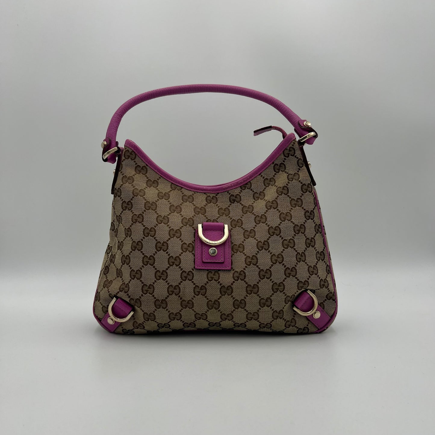 Gucci Monogram Canvas Pink Leather Abbey D-Ring Hobo Shoulder Bag