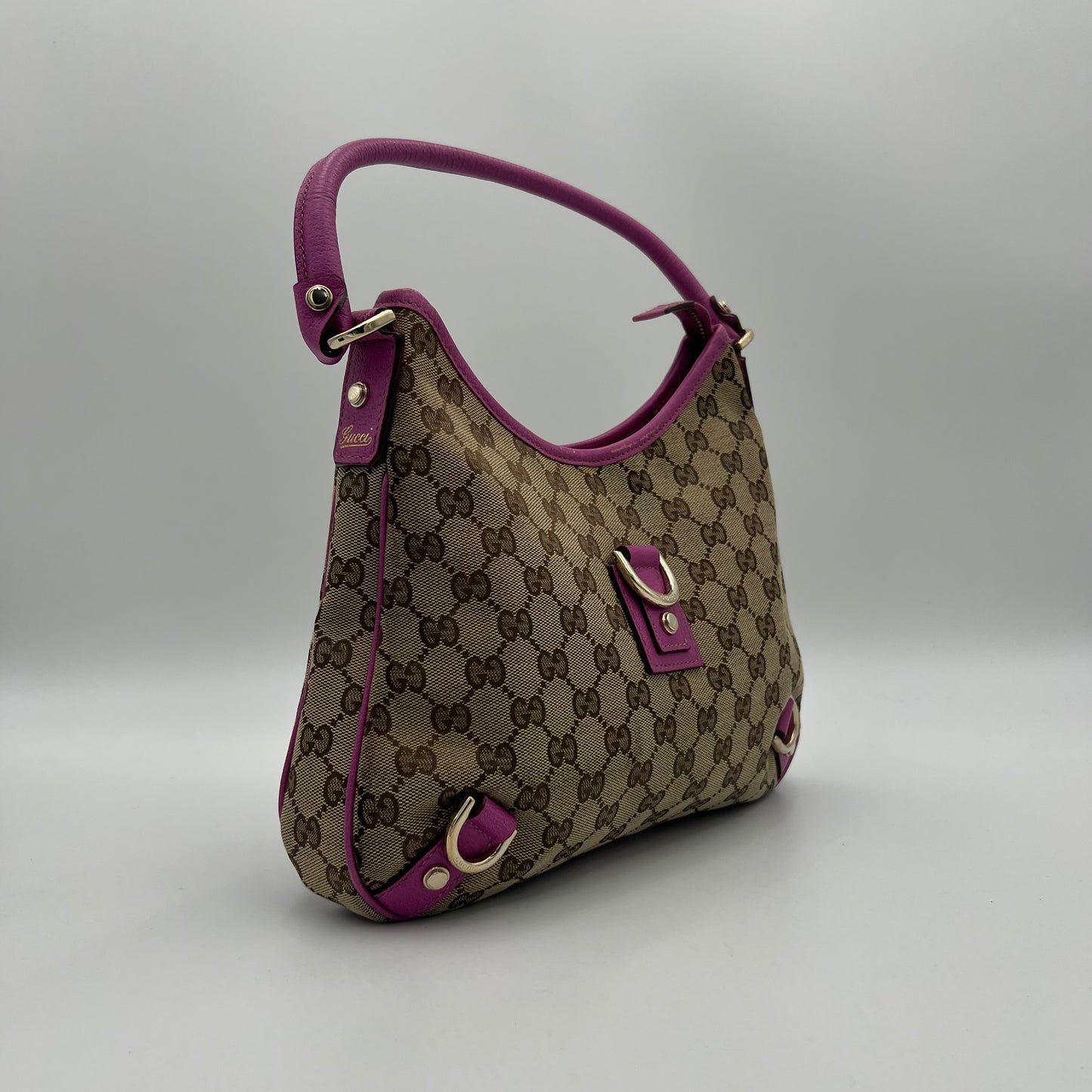 Gucci Monogram Canvas Pink Leather Abbey D-Ring Hobo Shoulder Bag