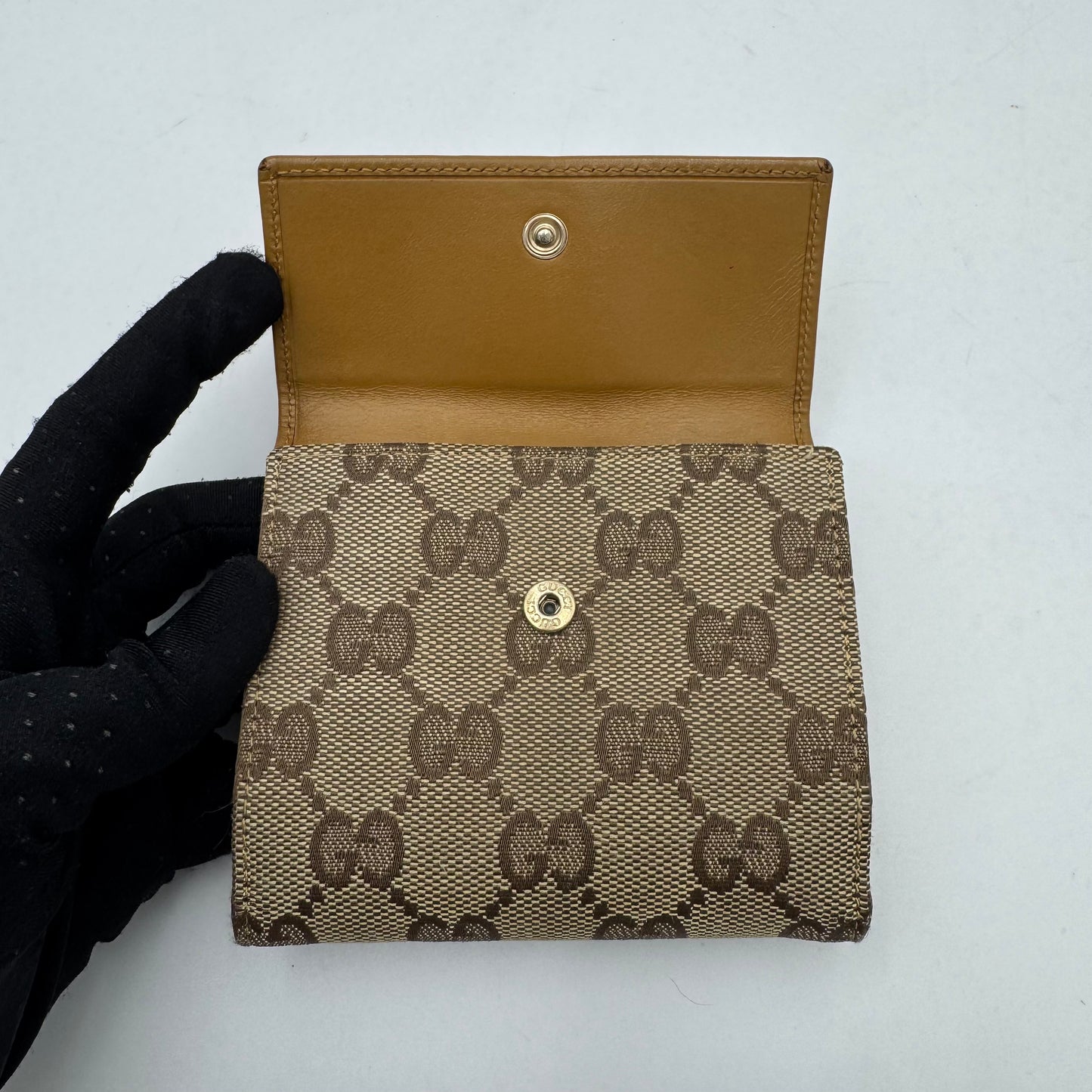 Gucci Monogram Canvas Tan Leather Horsebit Jackie Bifold Short Wallet