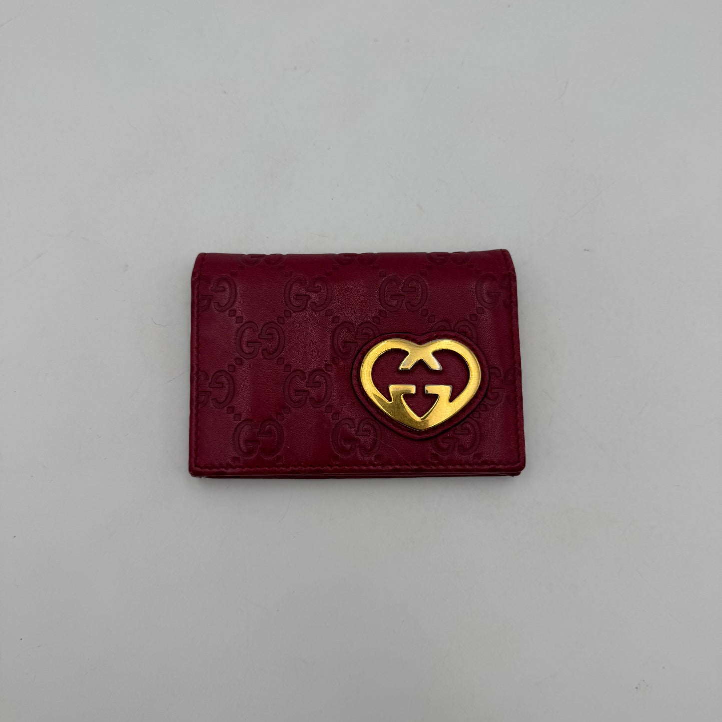 Gucci Cherry Red Guccissima Leather Heart GG Flap Card Holder