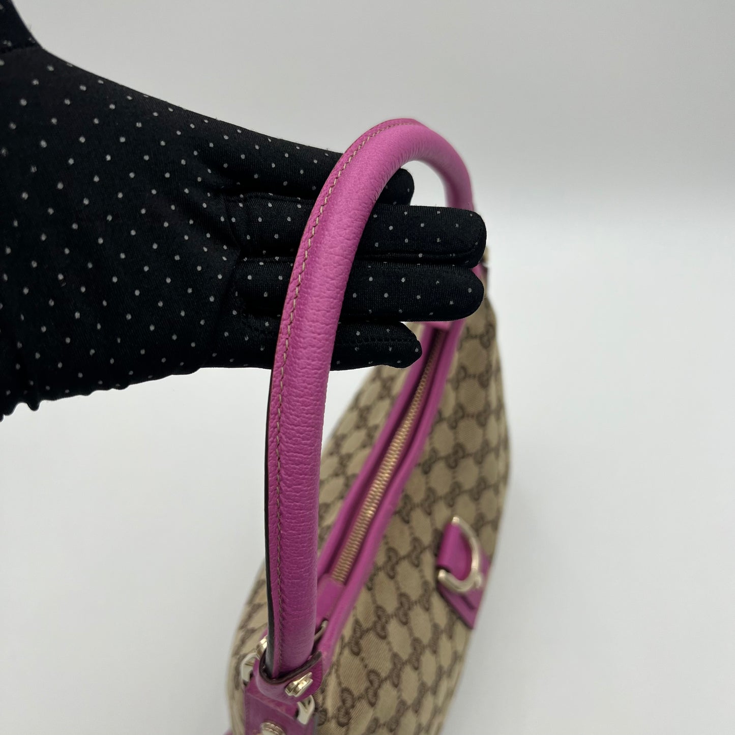 Gucci Monogram Canvas Pink Leather Abbey D-Ring Hobo Shoulder Bag