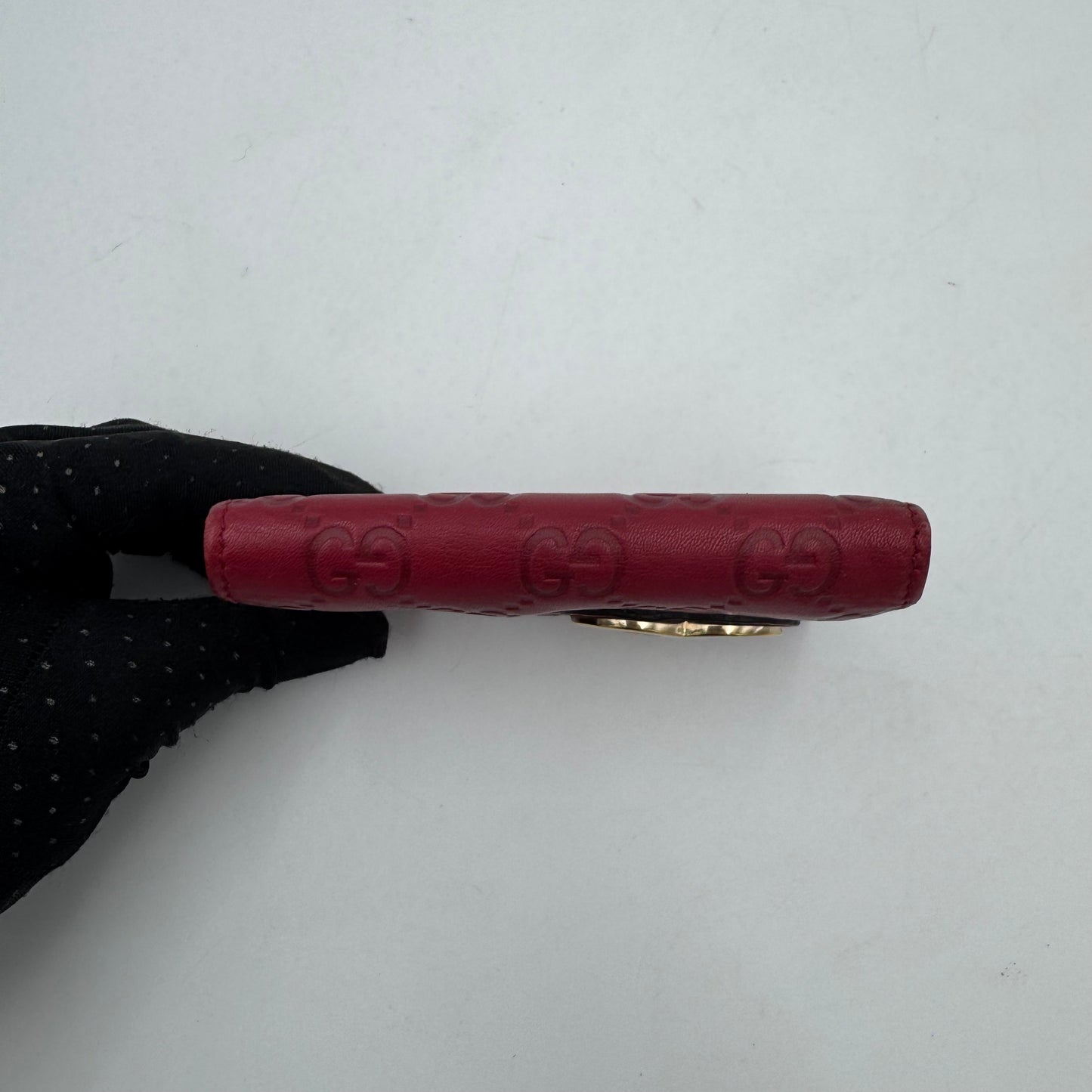 Gucci Cherry Red Guccissima Leather Heart GG Flap Card Holder