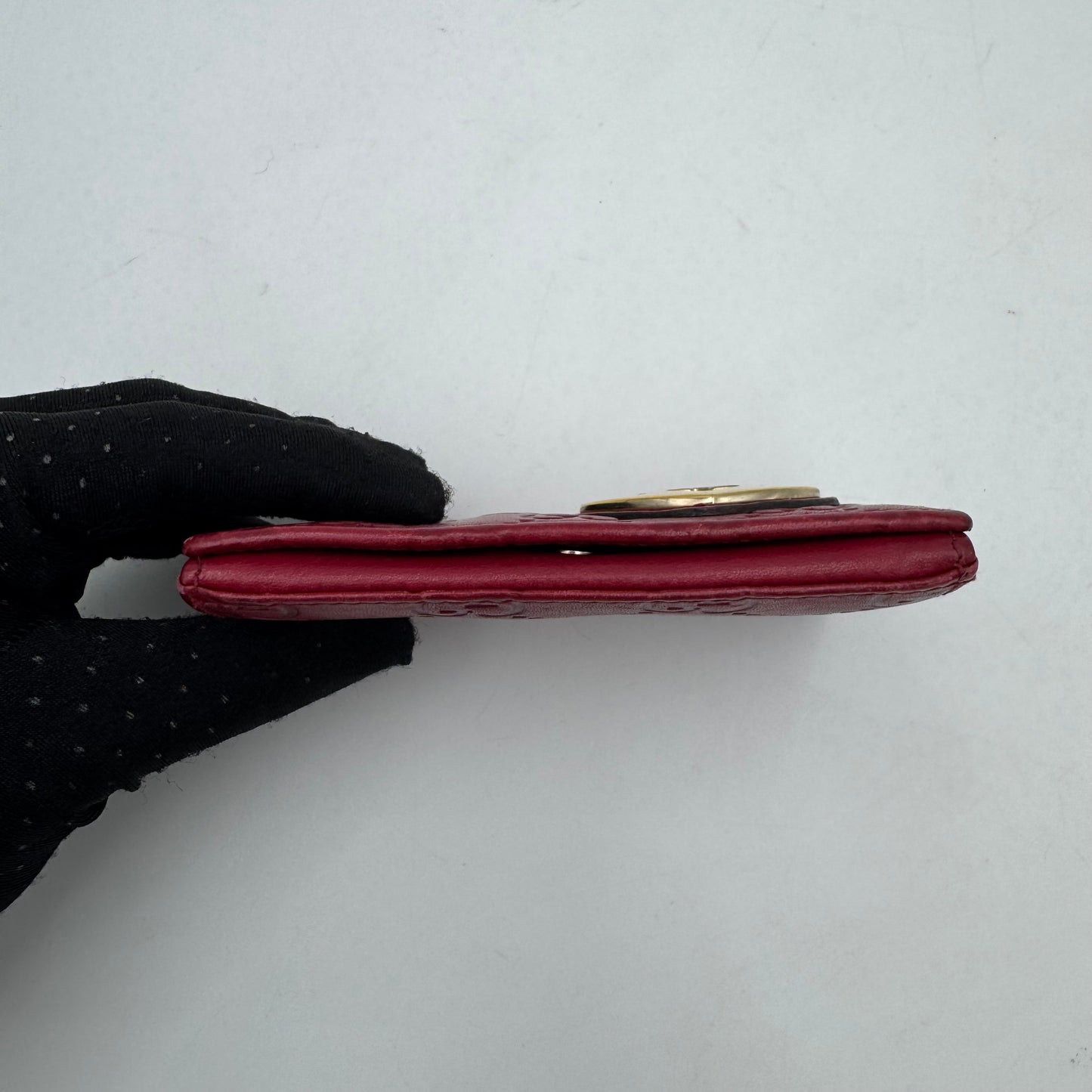 Gucci Cherry Red Guccissima Leather Heart GG Flap Card Holder