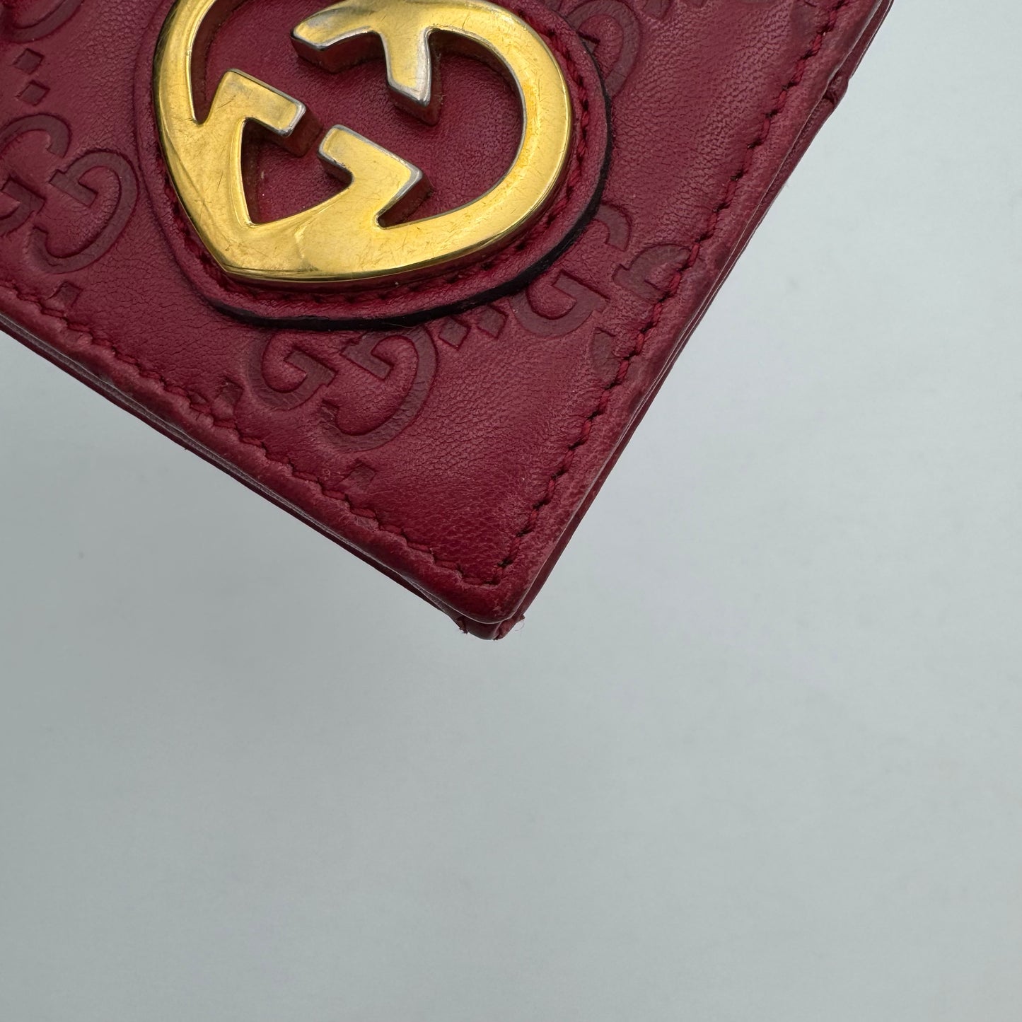Gucci Cherry Red Guccissima Leather Heart GG Flap Card Holder
