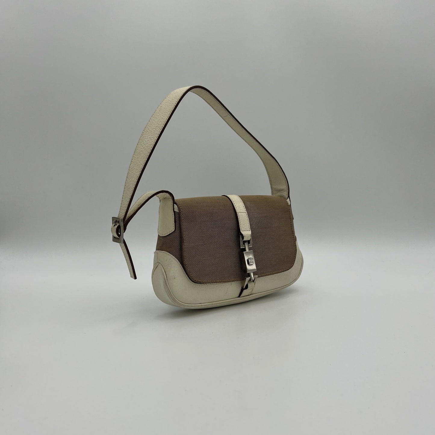 Gucci Beige Cloth White Leather Jackie Flap Mini Shoulder Bag