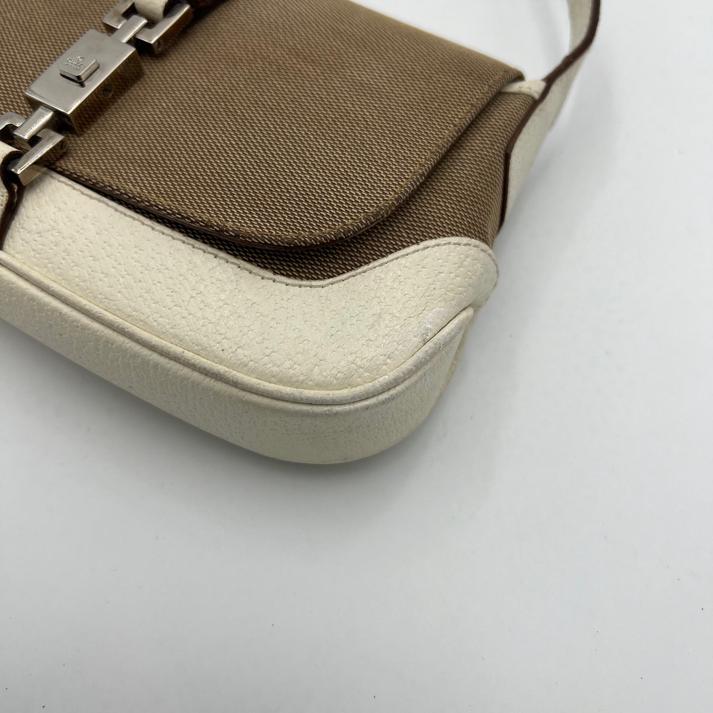 Gucci Beige Cloth White Leather Jackie Flap Mini Shoulder Bag