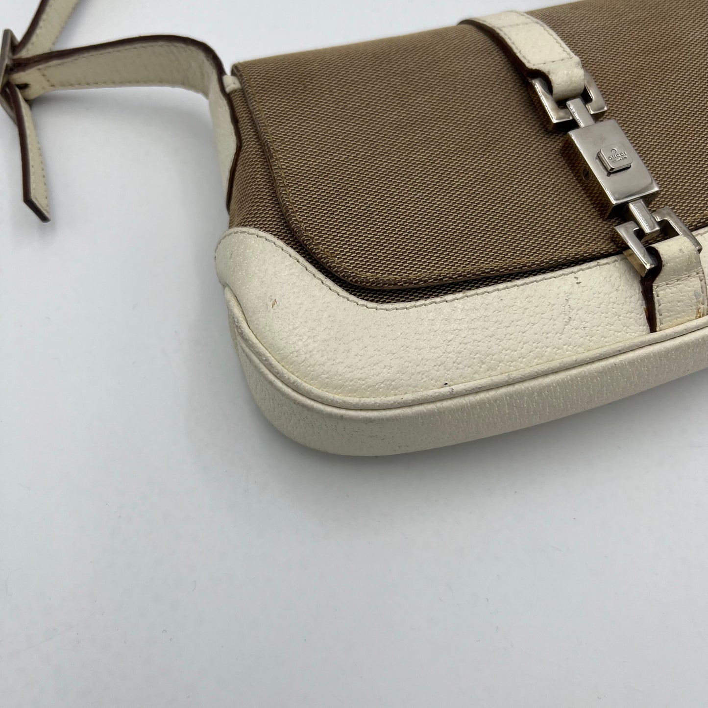 Gucci Beige Cloth White Leather Jackie Flap Mini Shoulder Bag