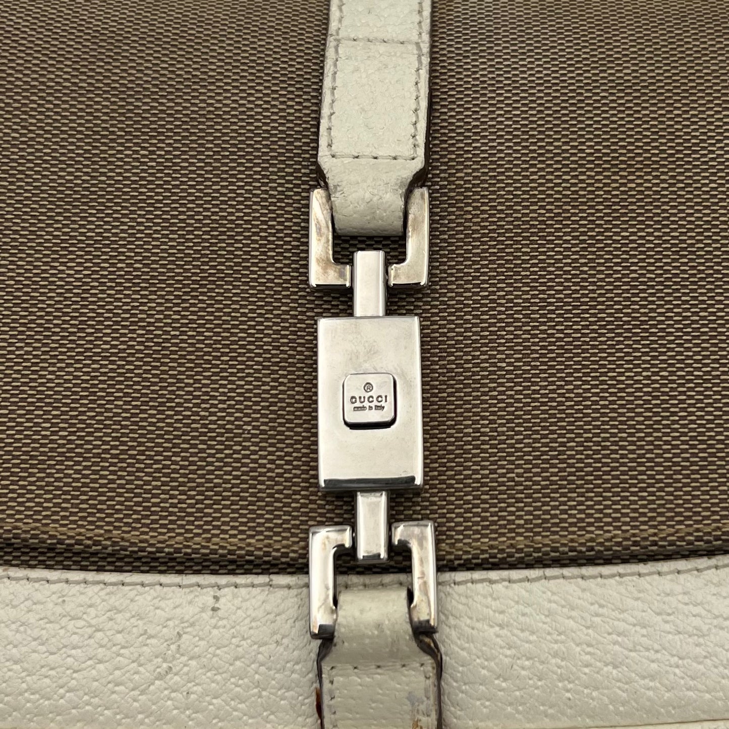 Gucci Beige Cloth White Leather Jackie Flap Mini Shoulder Bag