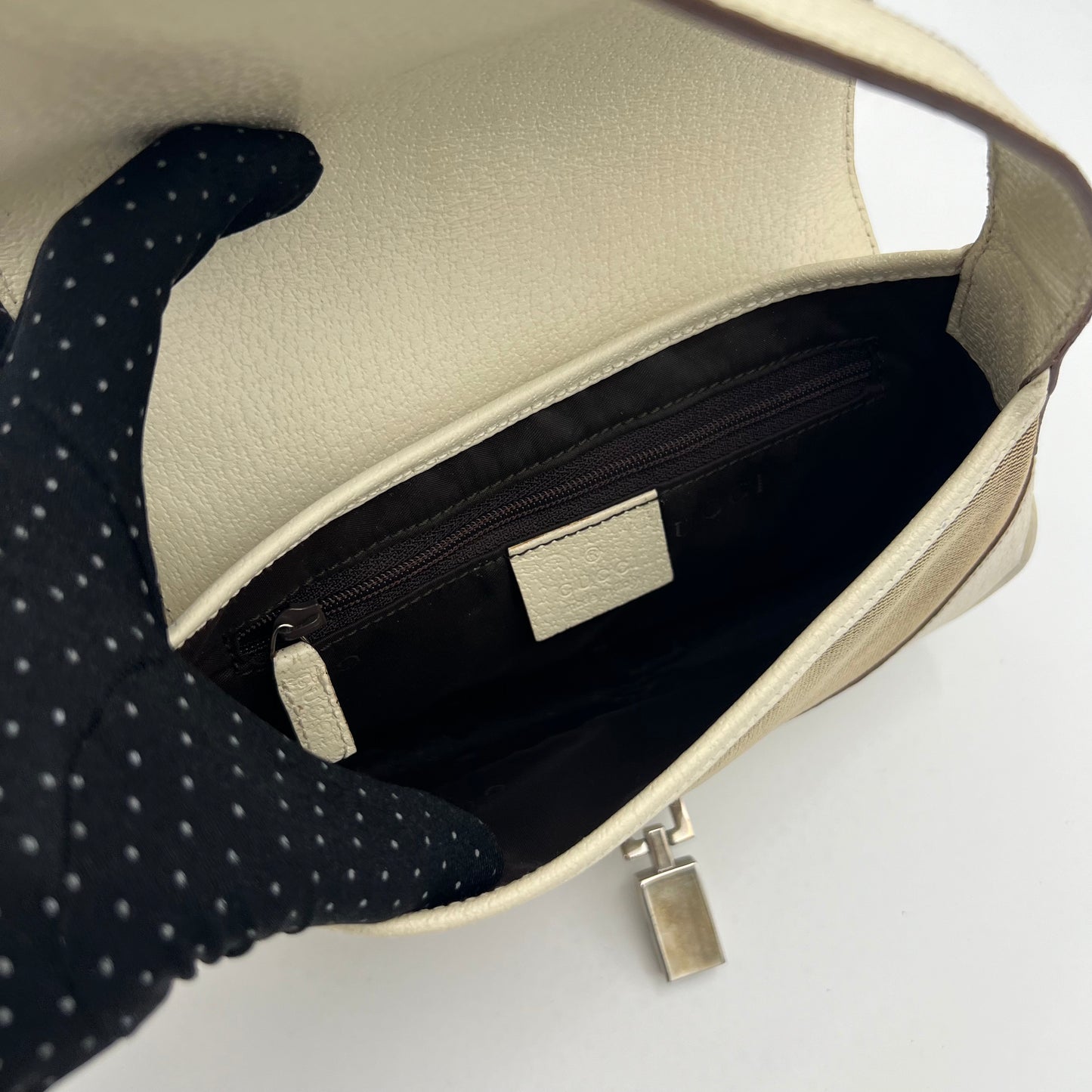 Gucci Beige Cloth White Leather Jackie Flap Mini Shoulder Bag