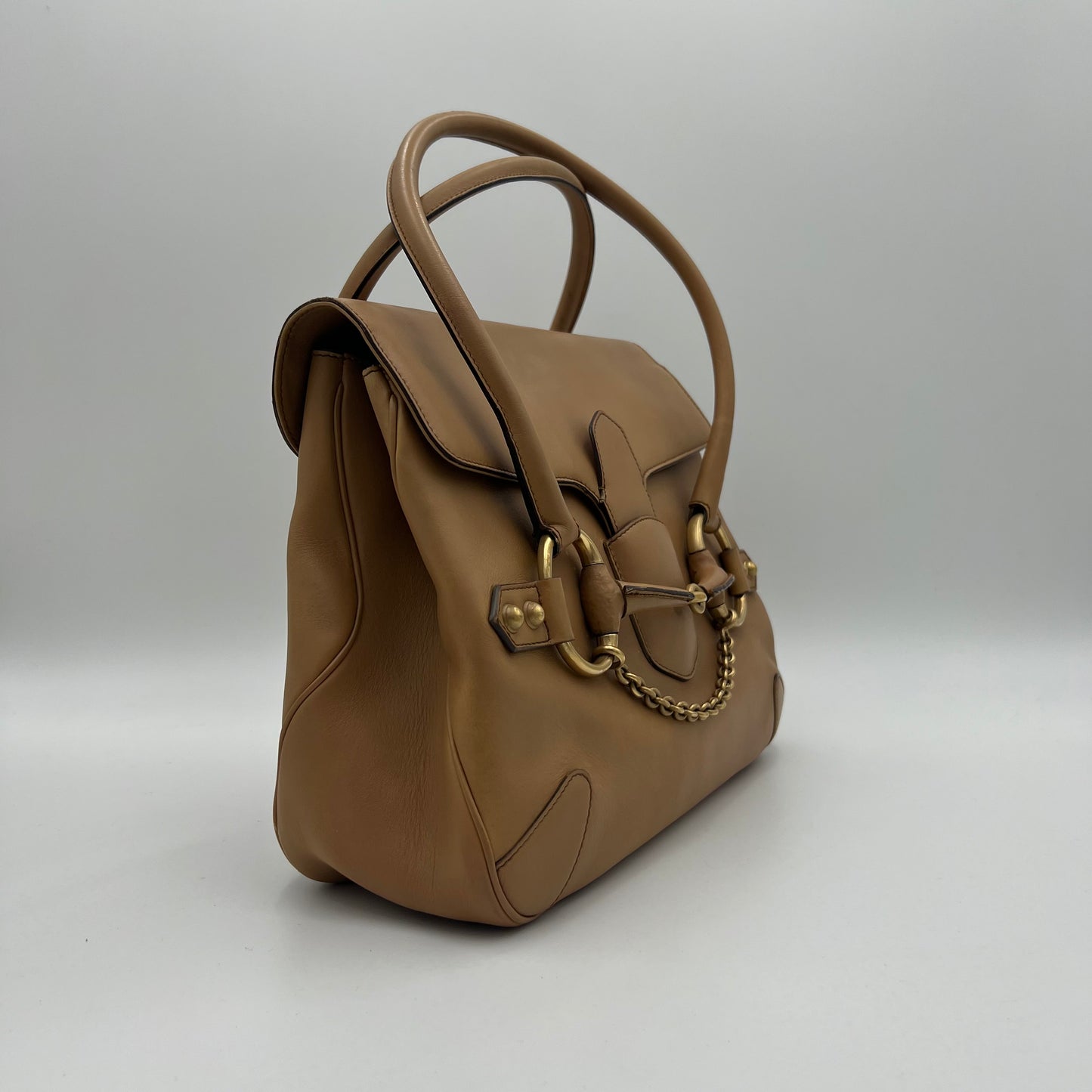 Gucci Camel Leather Horsebit Chain Flap Shoulder Bag