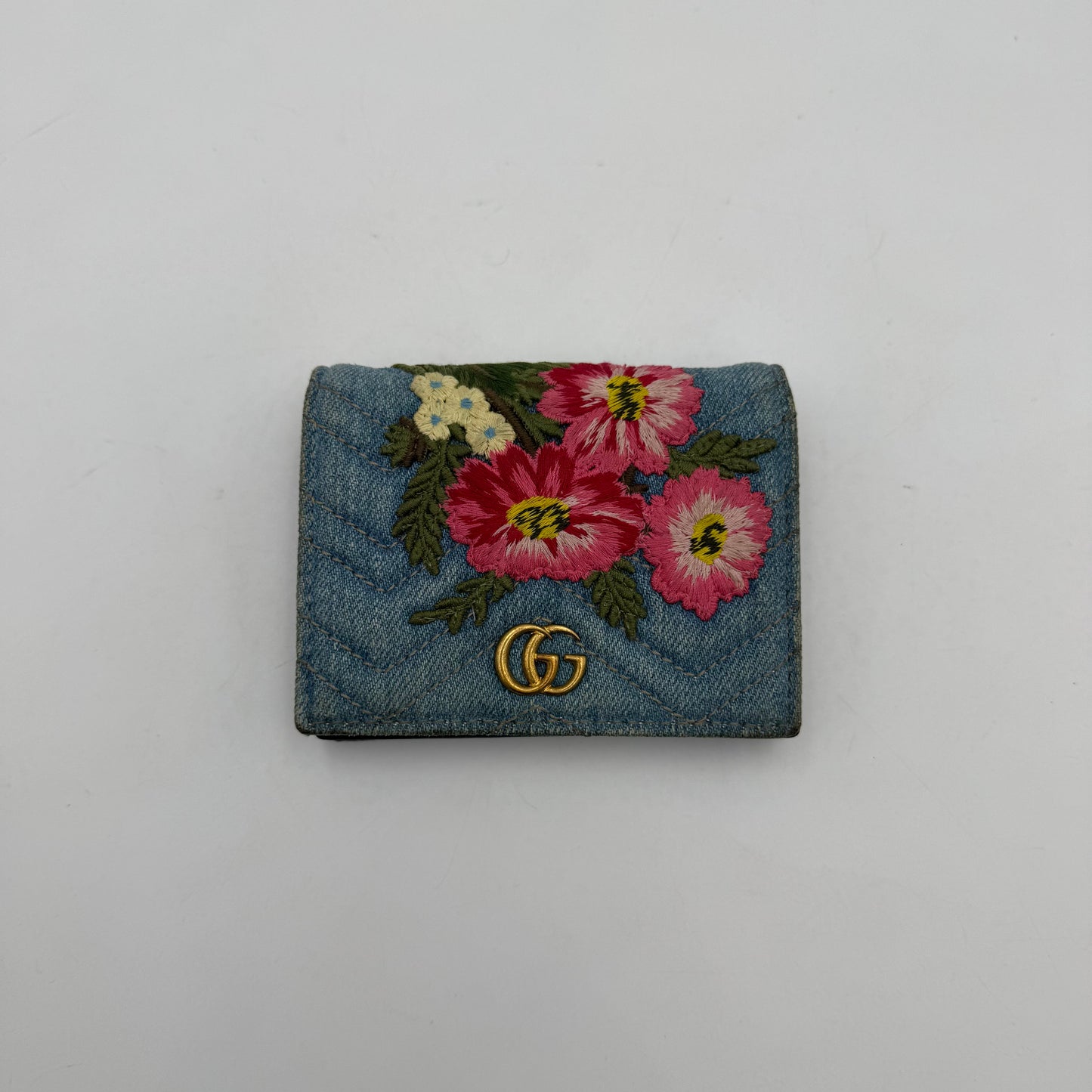 Gucci Floral Denim Marmont Bifold Short Compact Wallet