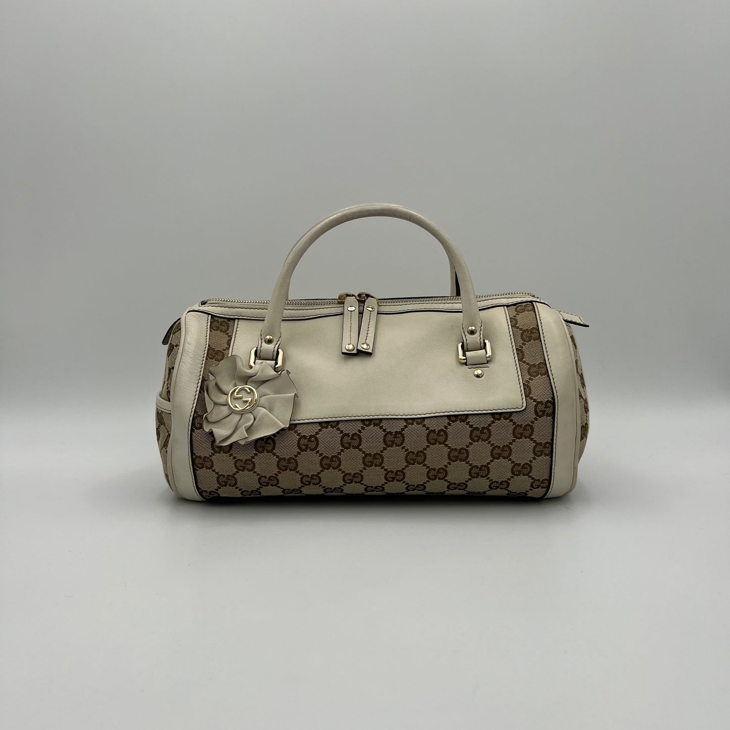 Gucci Monogram Canvas White Leather Flower Trophy Boston