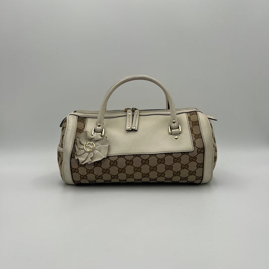 Gucci Monogram Canvas White Leather Flower Trophy Boston