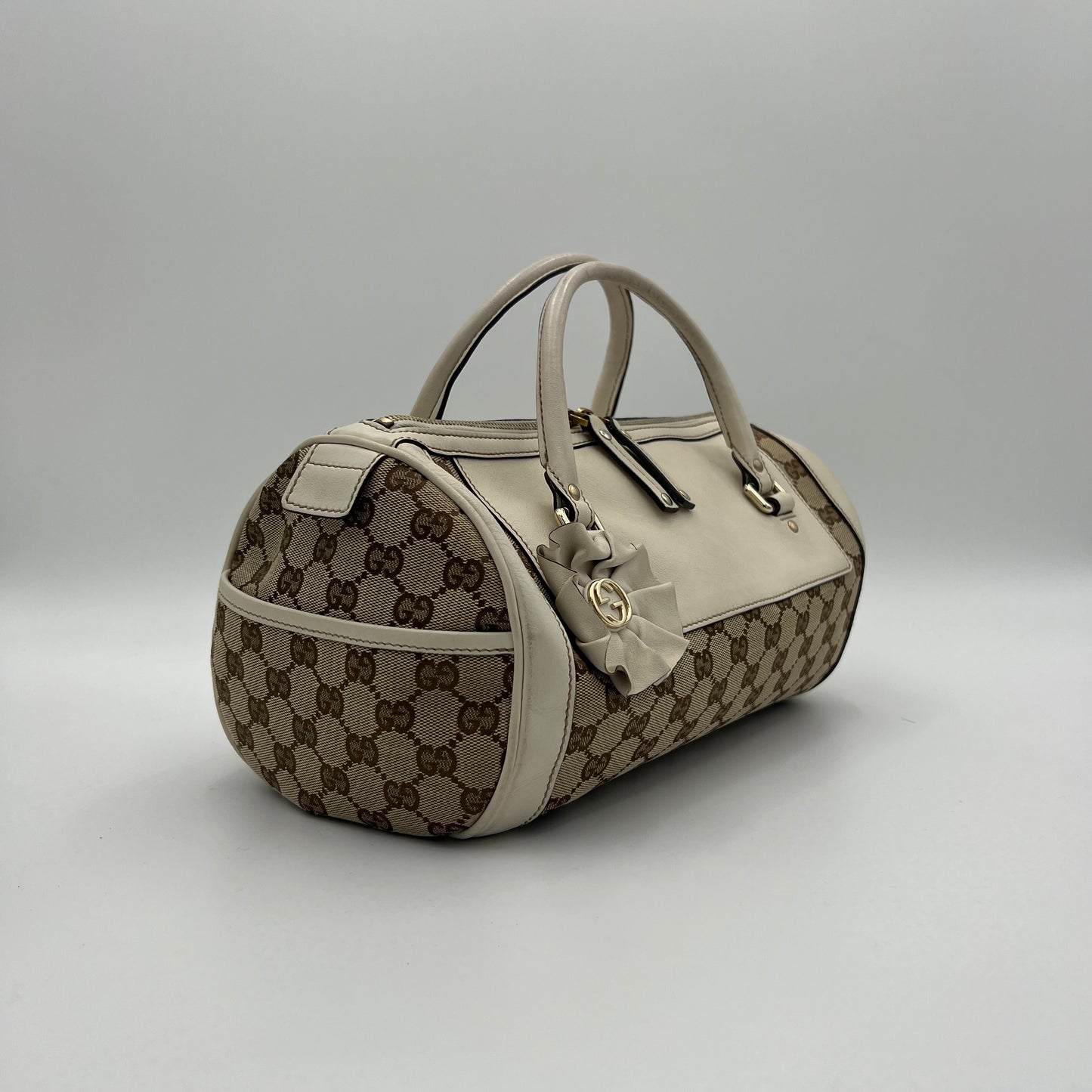 Gucci Monogram Canvas White Leather Flower Trophy Boston
