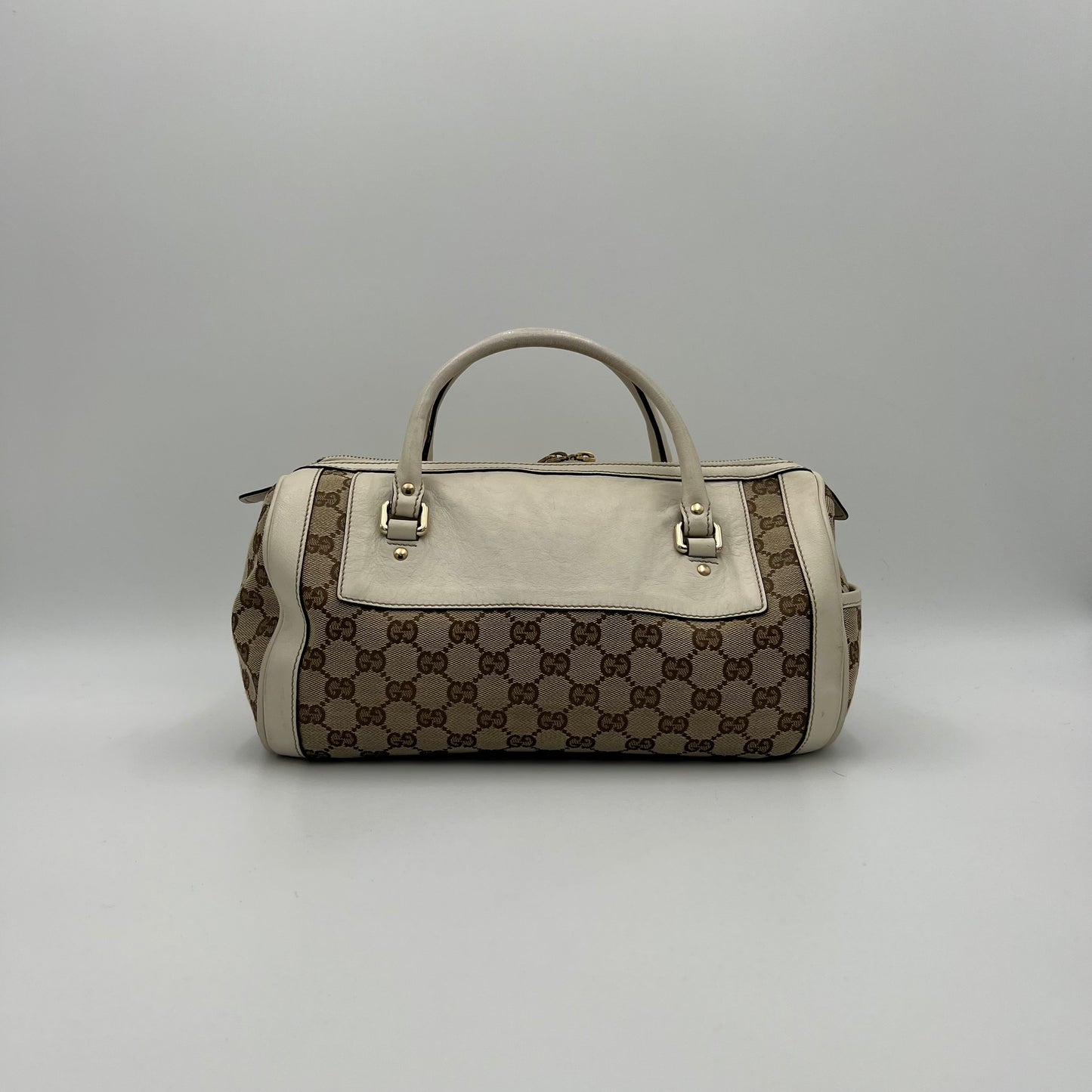 Gucci Monogram Canvas White Leather Flower Trophy Boston