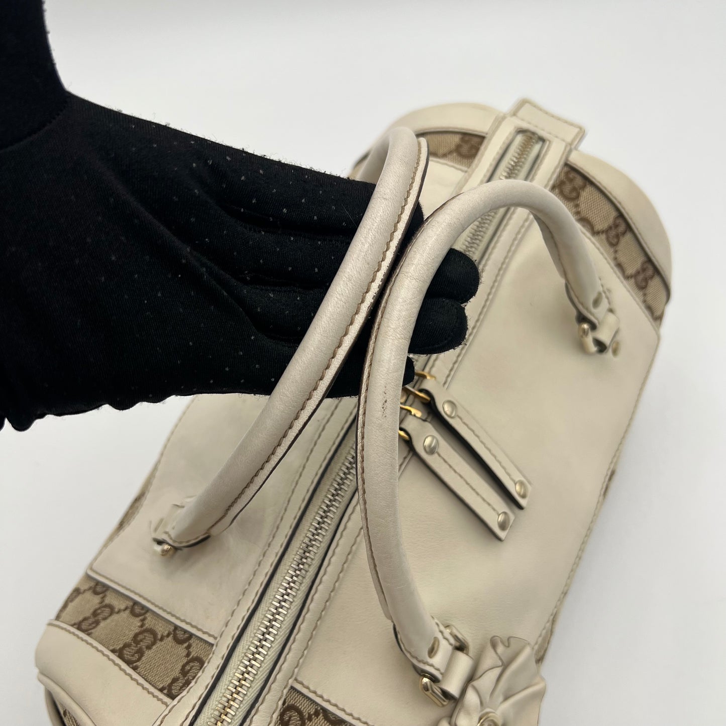 Gucci Monogram Canvas White Leather Flower Trophy Boston