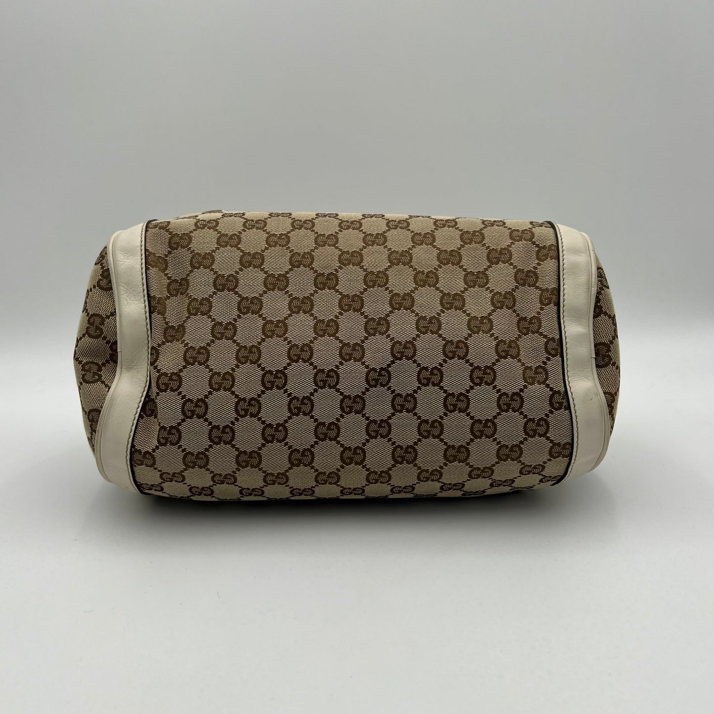 Gucci Monogram Canvas White Leather Flower Trophy Boston