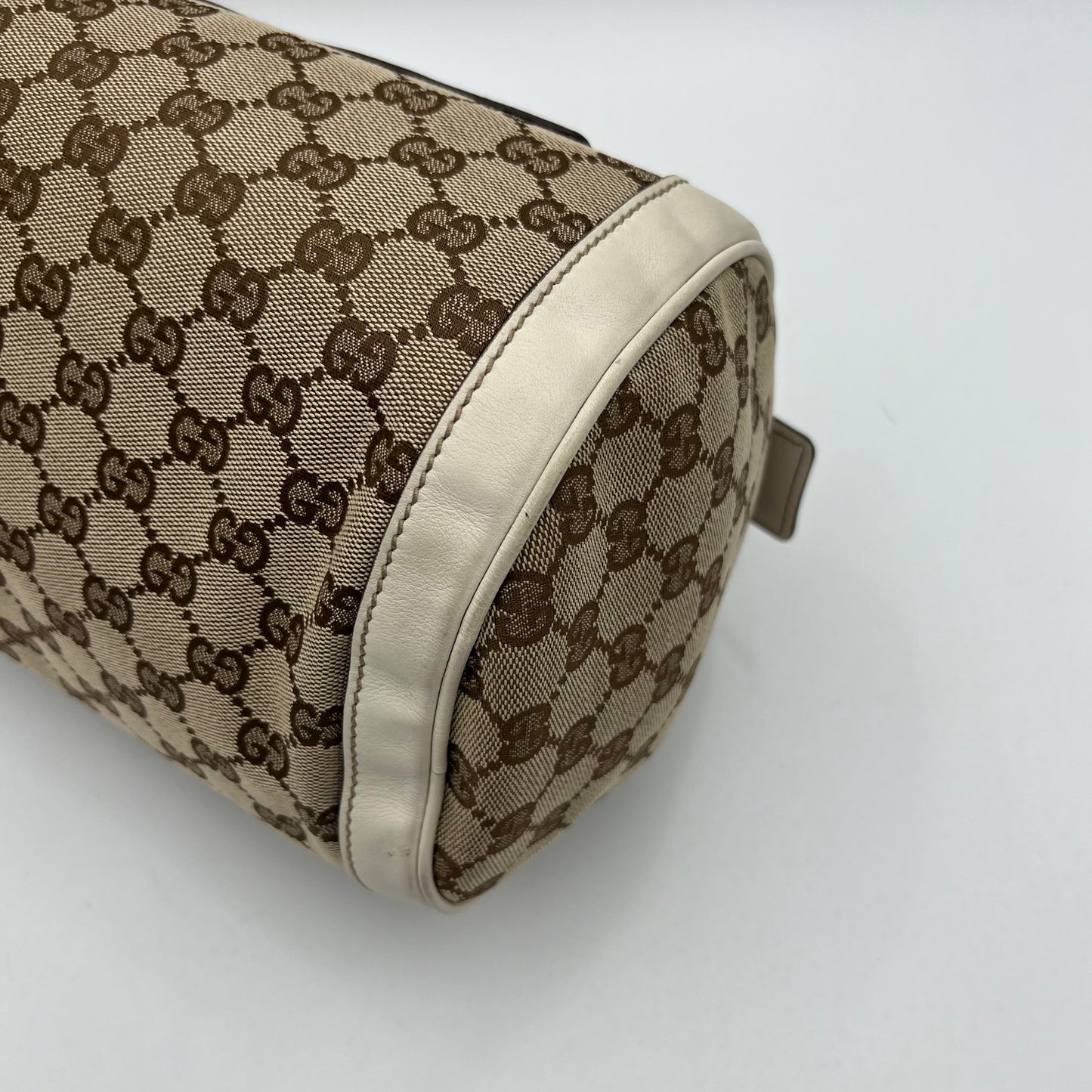 Gucci Monogram Canvas White Leather Flower Trophy Boston