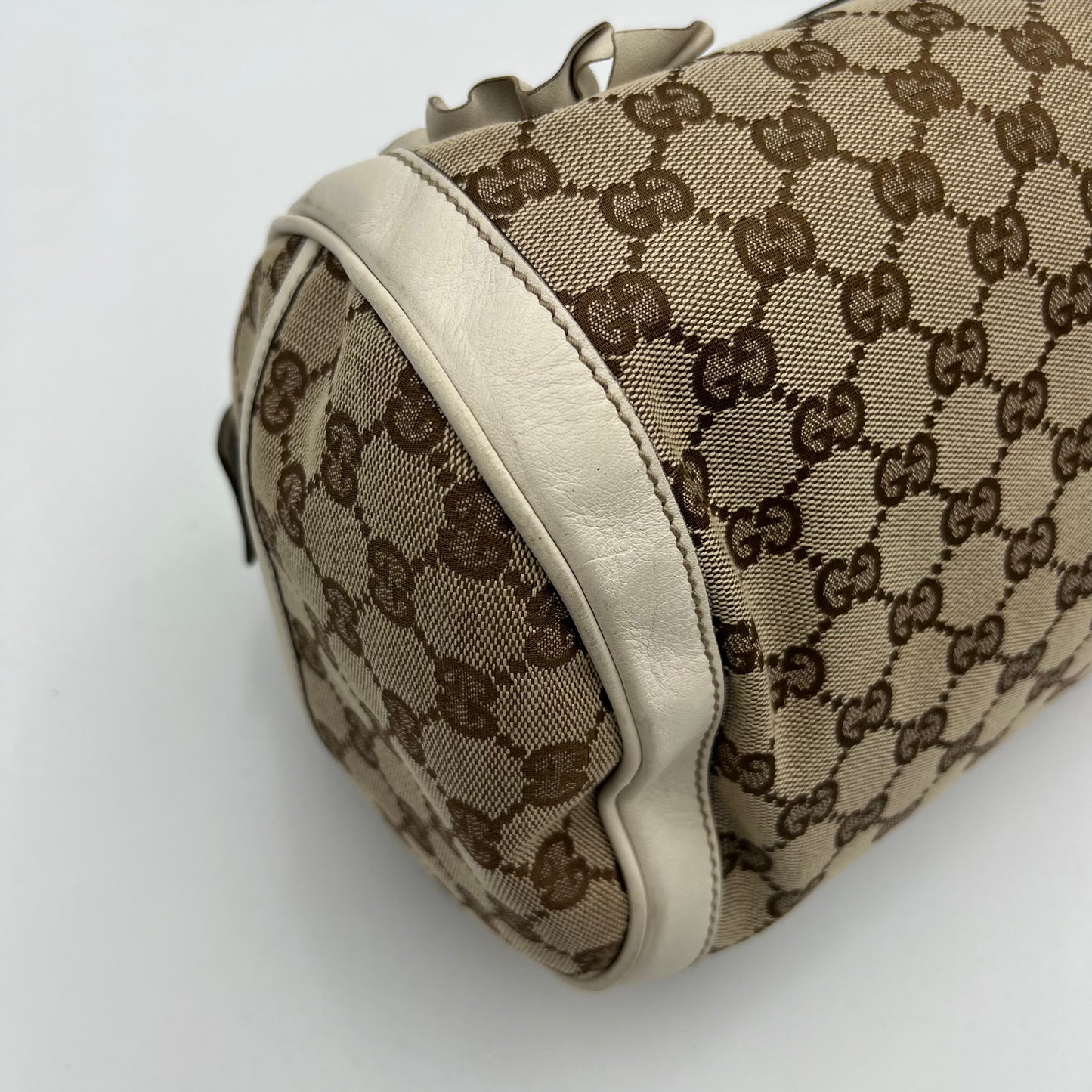 Gucci Monogram Canvas White Leather Flower Trophy Boston