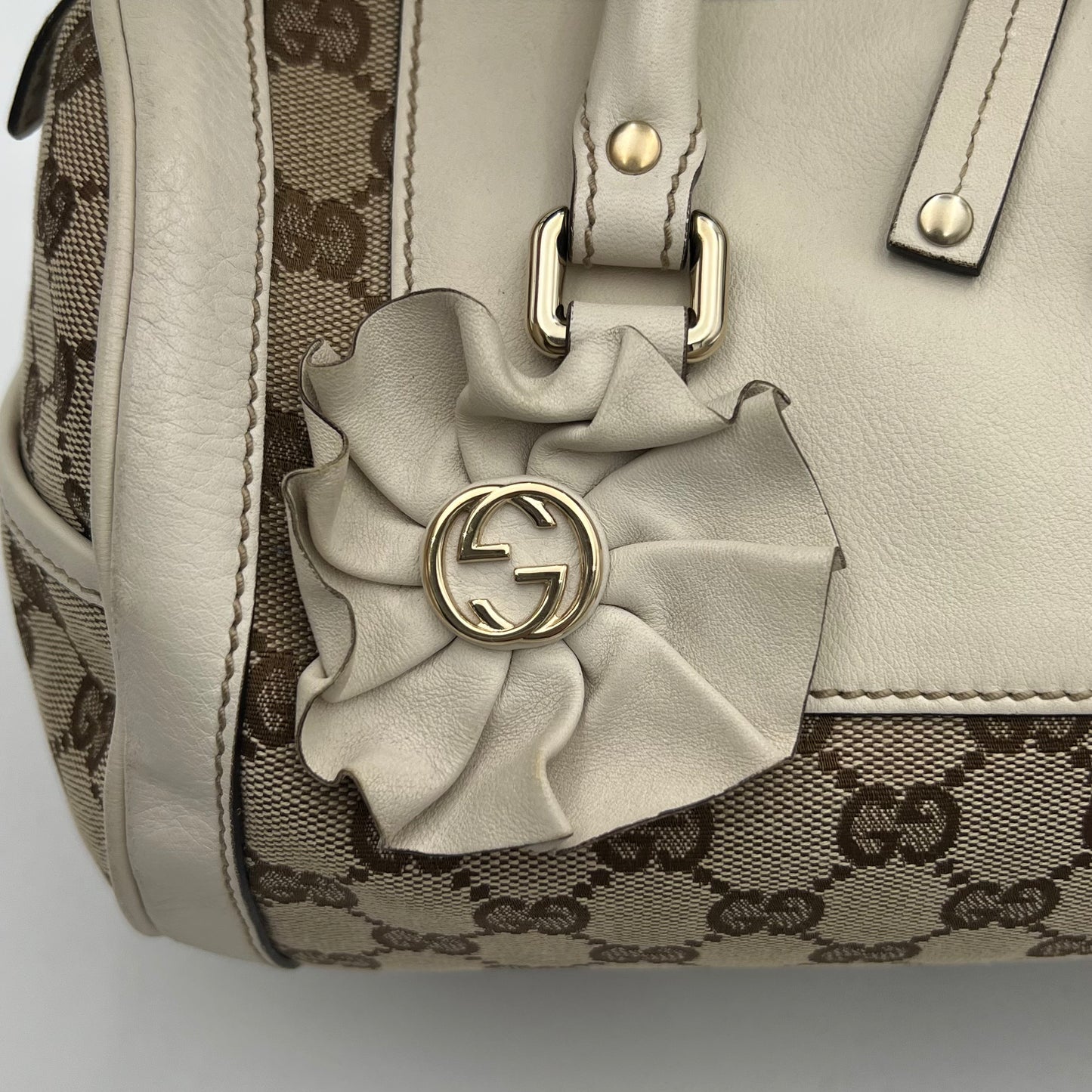 Gucci Monogram Canvas White Leather Flower Trophy Boston