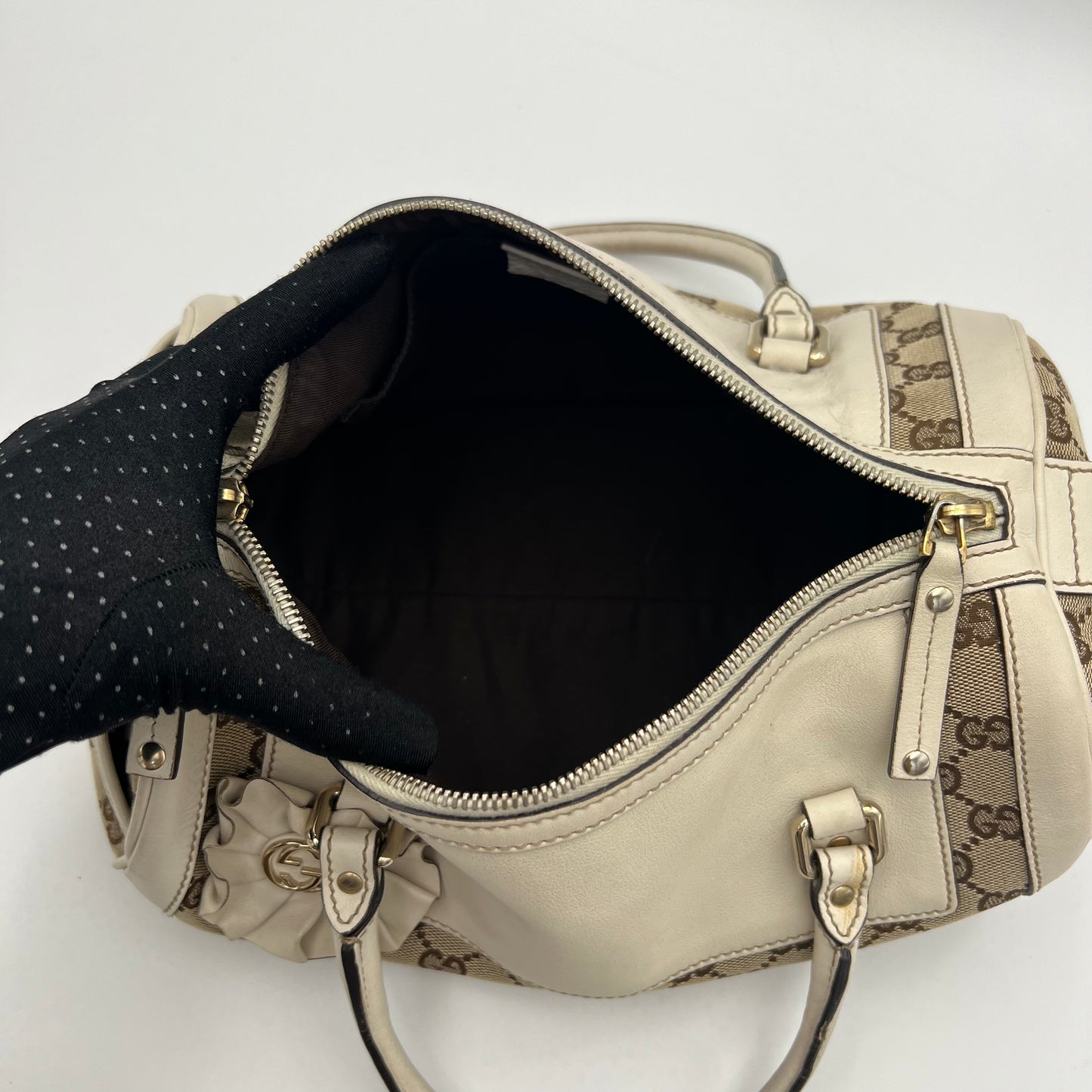 Gucci Monogram Canvas White Leather Flower Trophy Boston