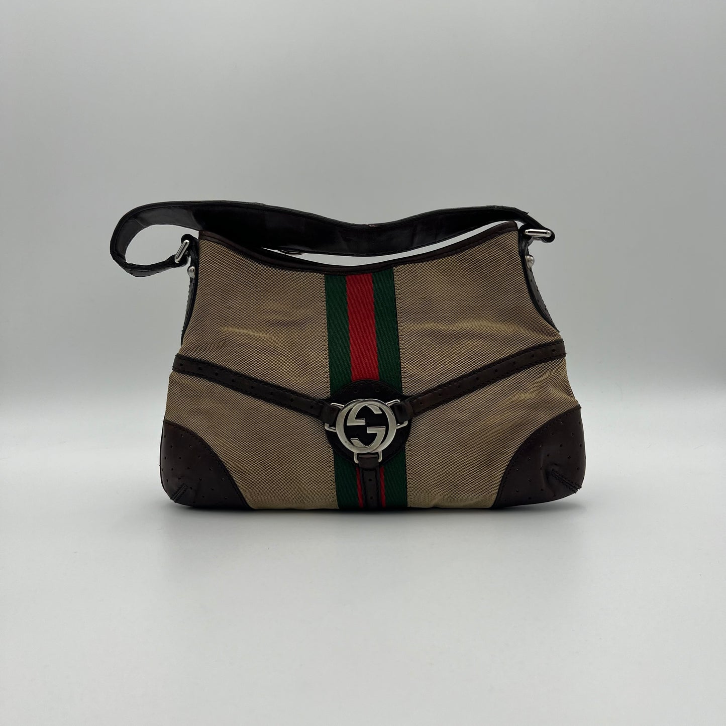 Gucci Brown Leather Sherryline Web Reins Hobo Shoulder Bag
