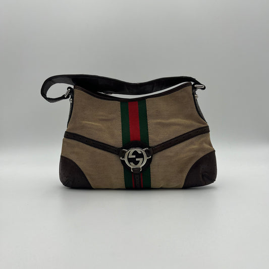 Gucci Brown Leather Sherryline Web Reins Hobo Shoulder Bag