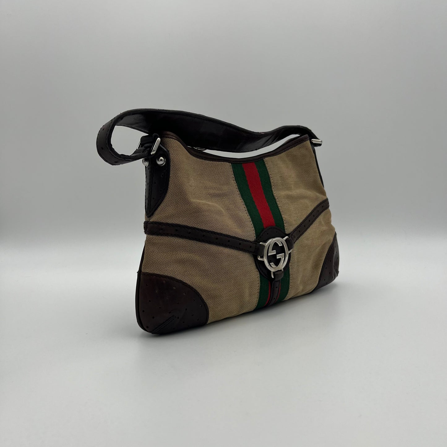 Gucci Brown Leather Sherryline Web Reins Hobo Shoulder Bag