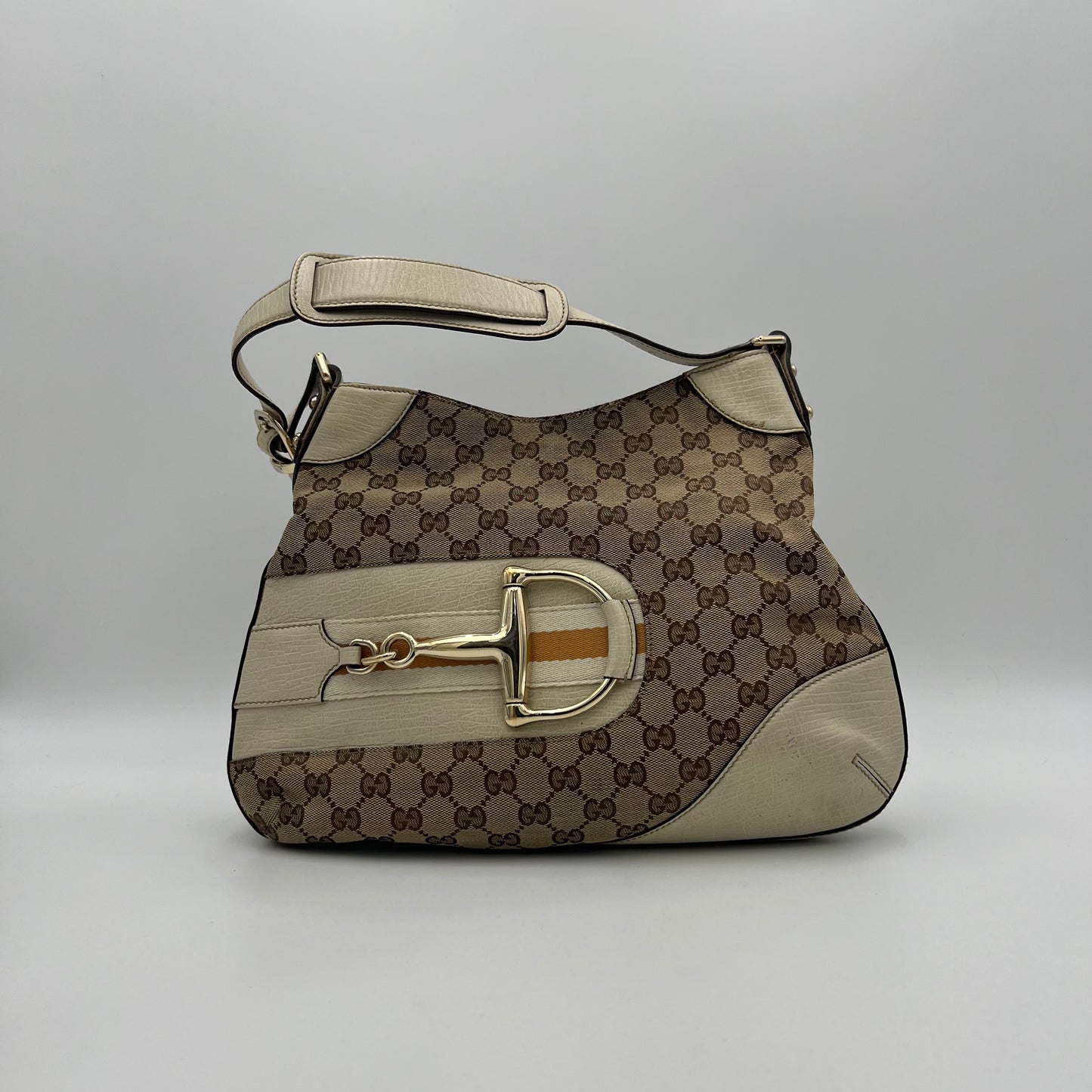Gucci Monogram Canvas White Leather Hasler Horsebit Shoulder Bag