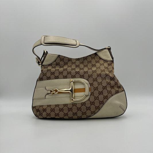 Gucci Monogram Canvas White Leather Hasler Horsebit Shoulder Bag