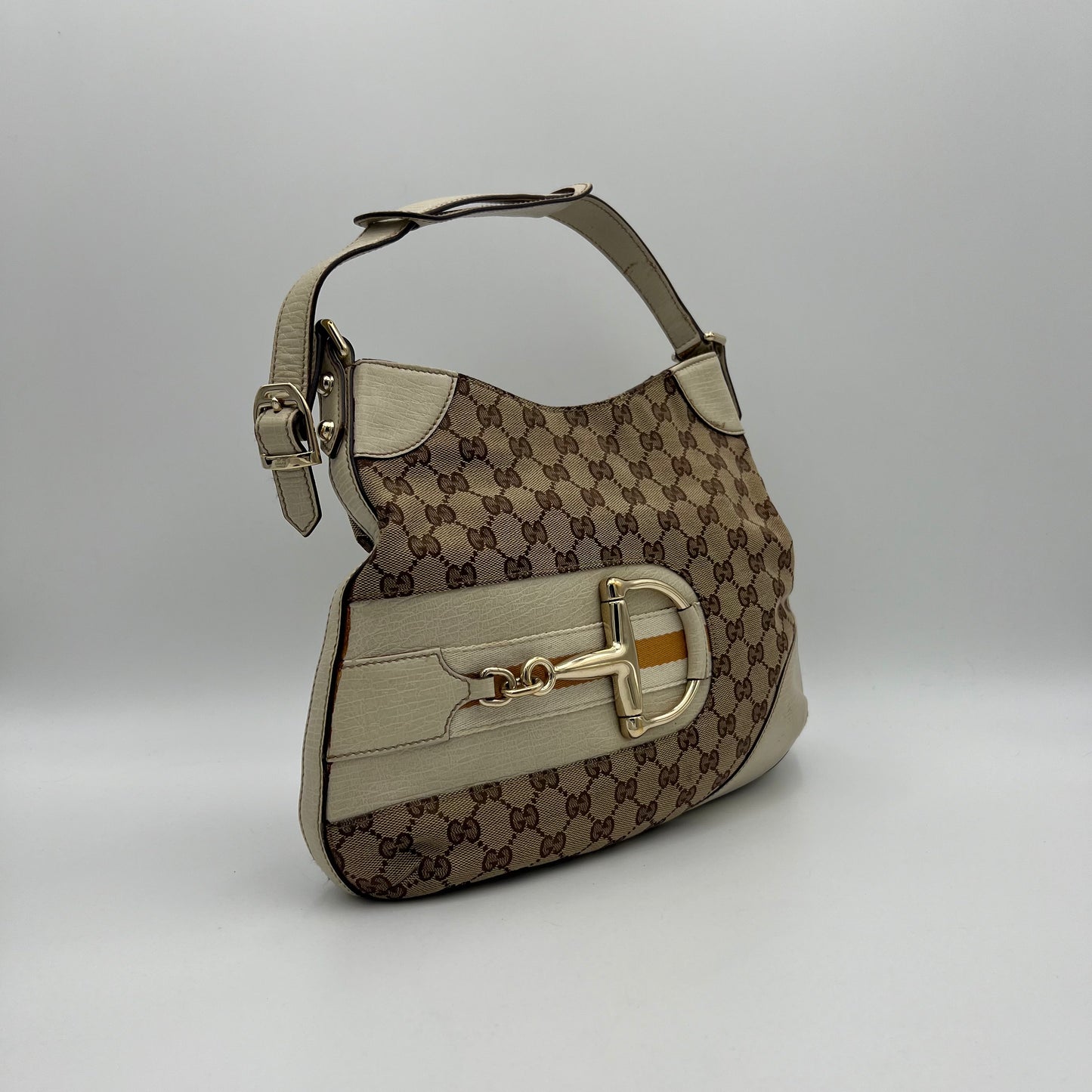 Gucci Monogram Canvas White Leather Hasler Horsebit Shoulder Bag