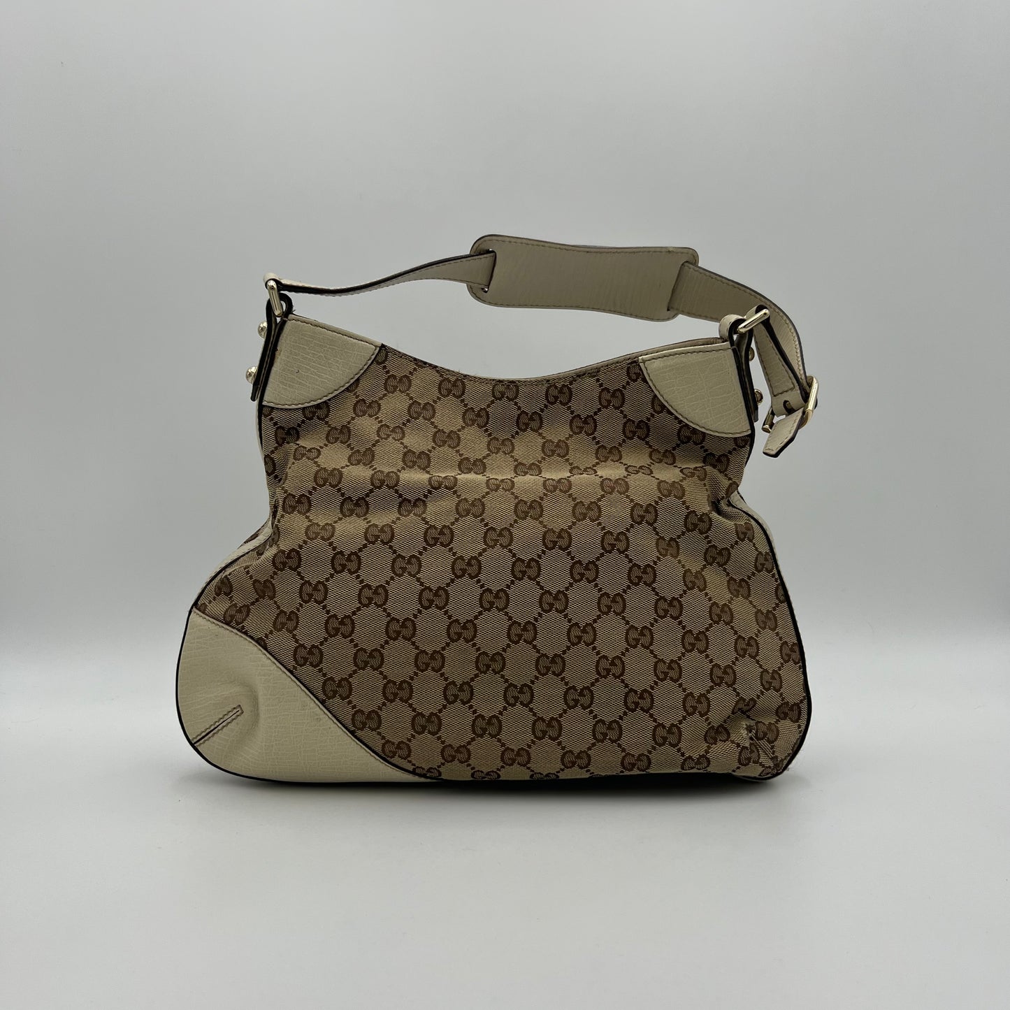 Gucci Monogram Canvas White Leather Hasler Horsebit Shoulder Bag